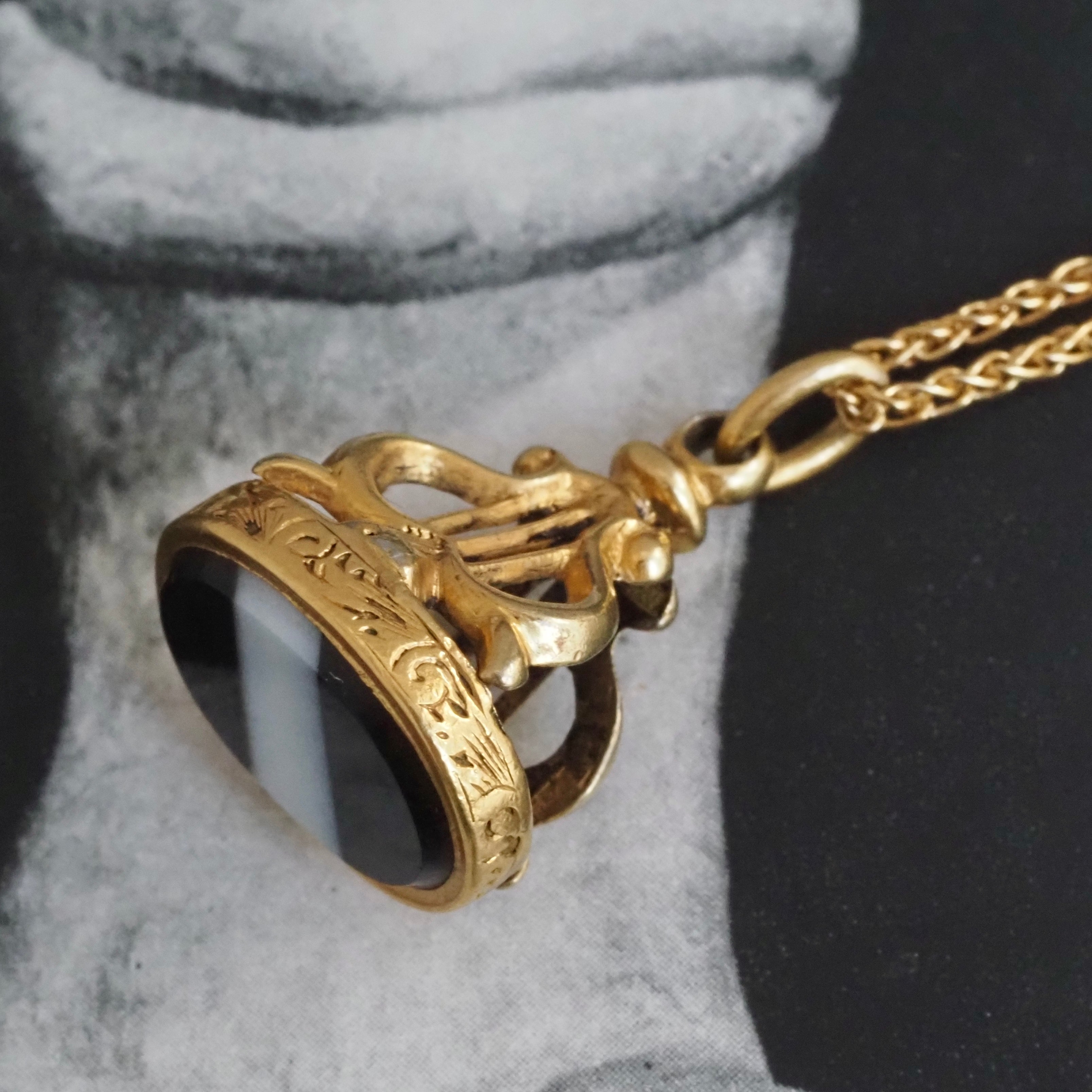 Antique Portuguese Banded Agate Lyre 19k Gold Fob Pendant