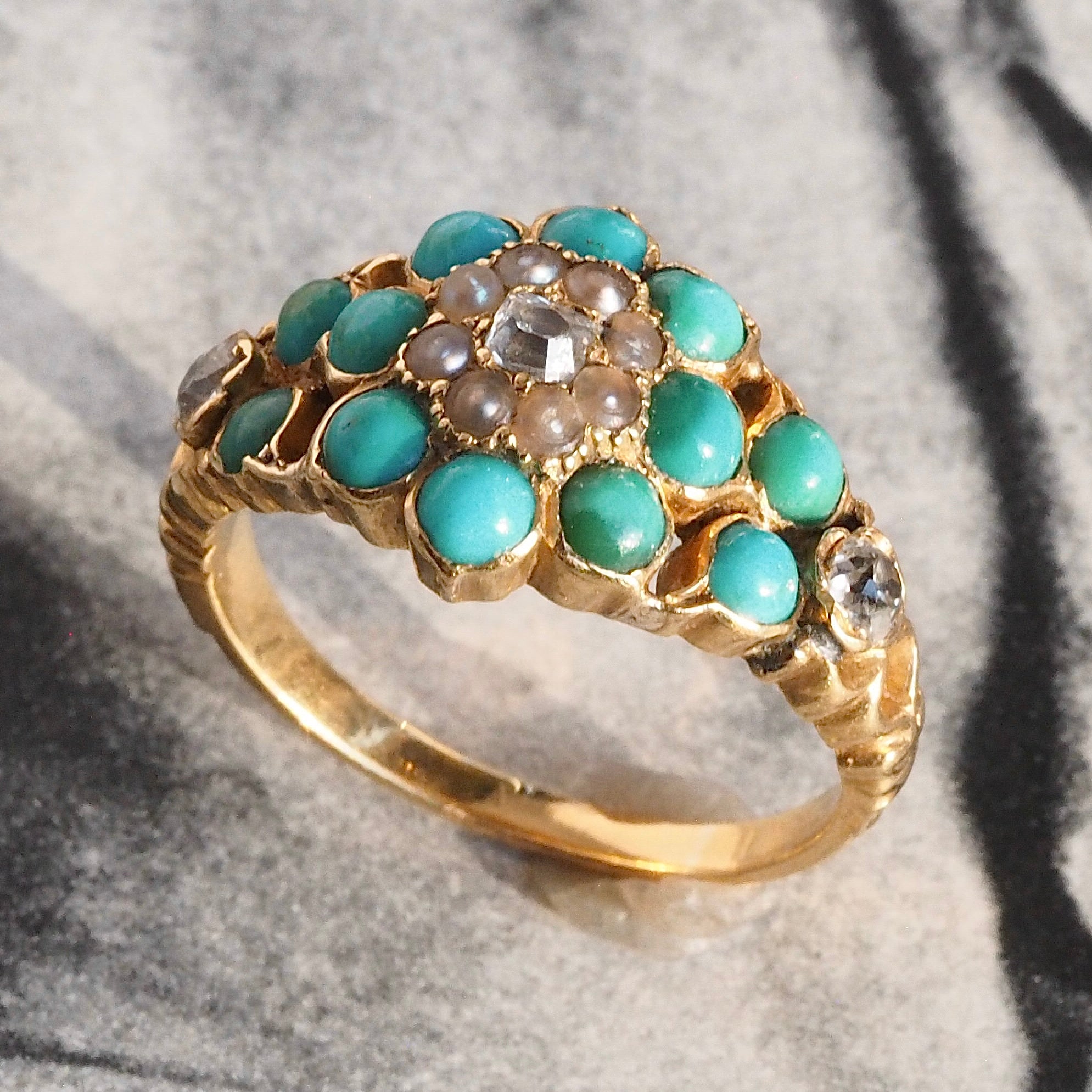Antique Georgian 18k Gold Turquoise, Pearl and Diamond Ring
