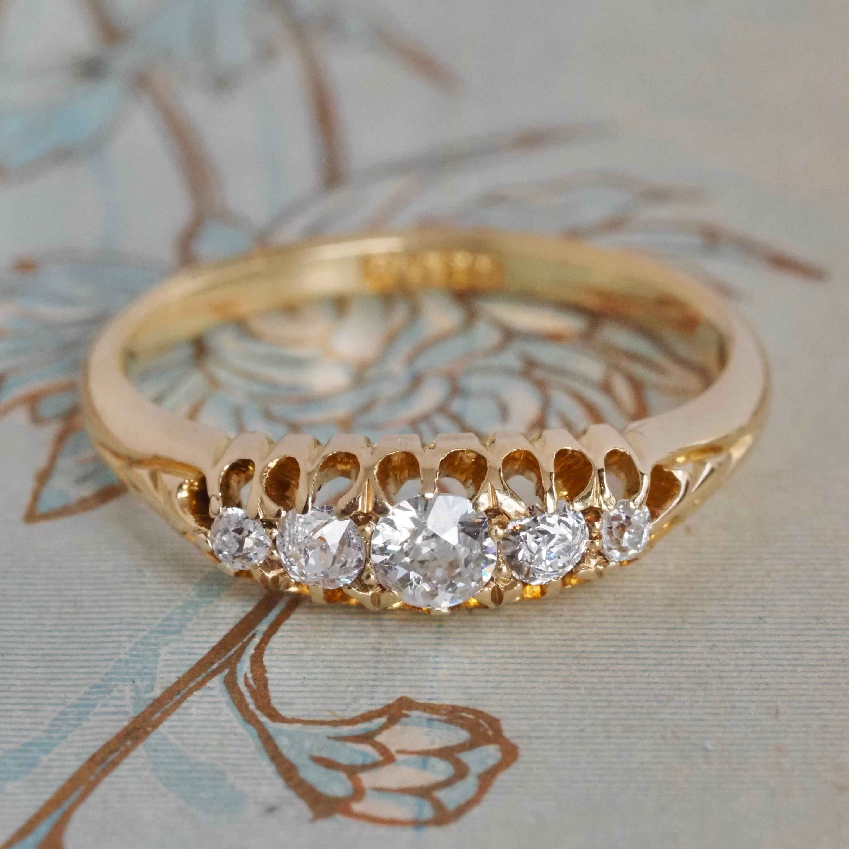 Antique Victorian 18k Gold Five Stone Old Mine Cut Diamond Ring