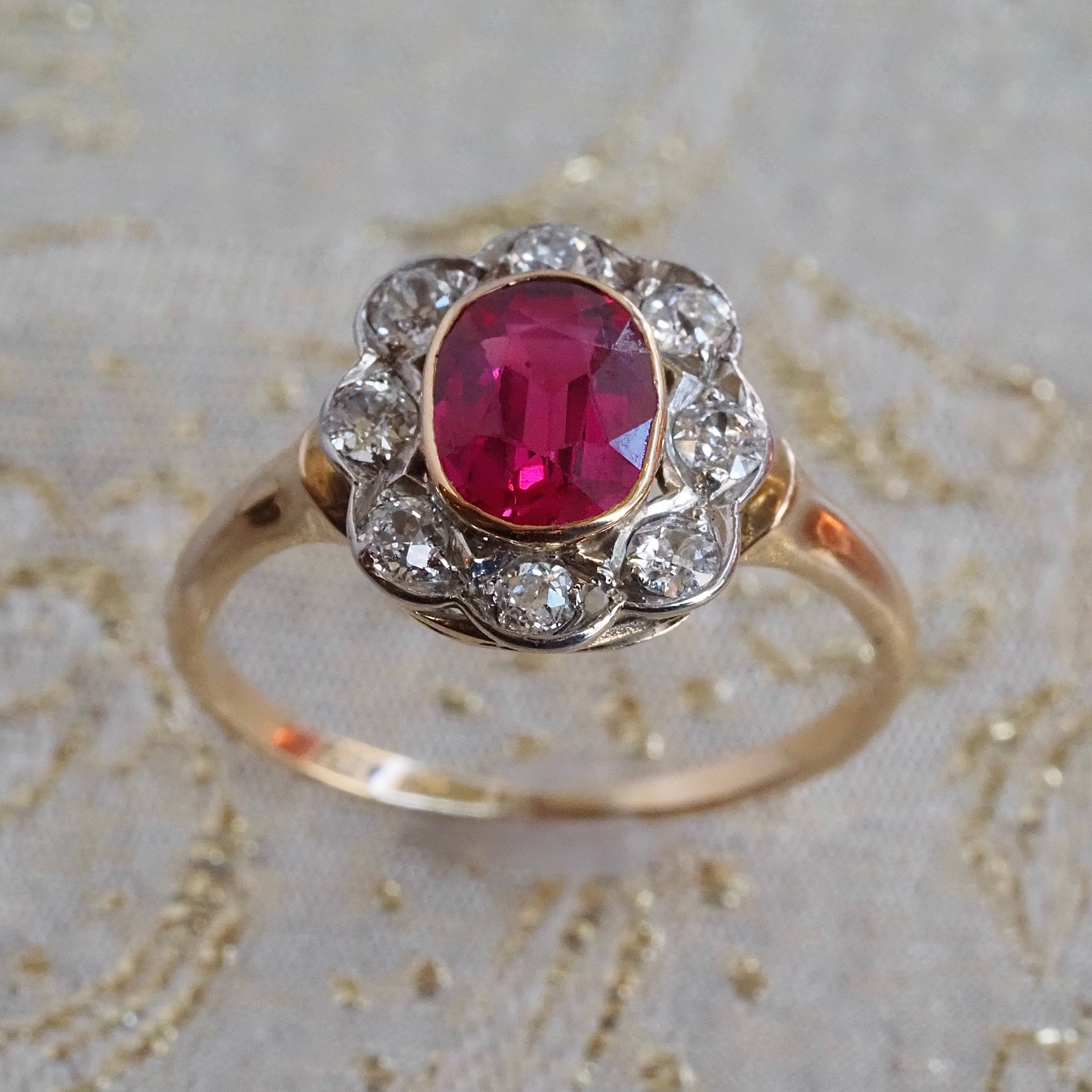 Antique Ruby and Old Mine Cut Diamond Flower 14k Gold Ring