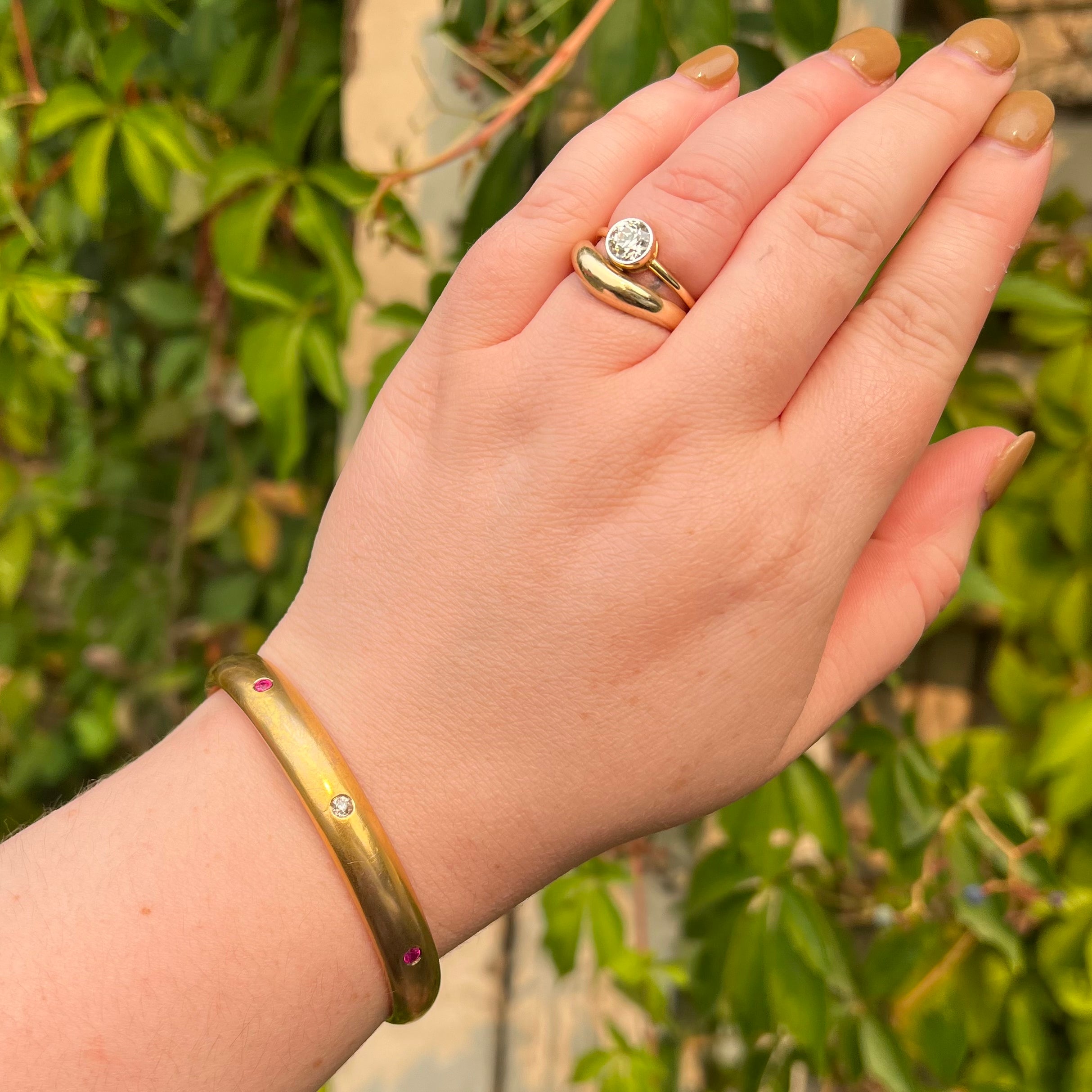 Antique Art Nouveau c. 1900 14k Gold Ruby and Diamond Bangle