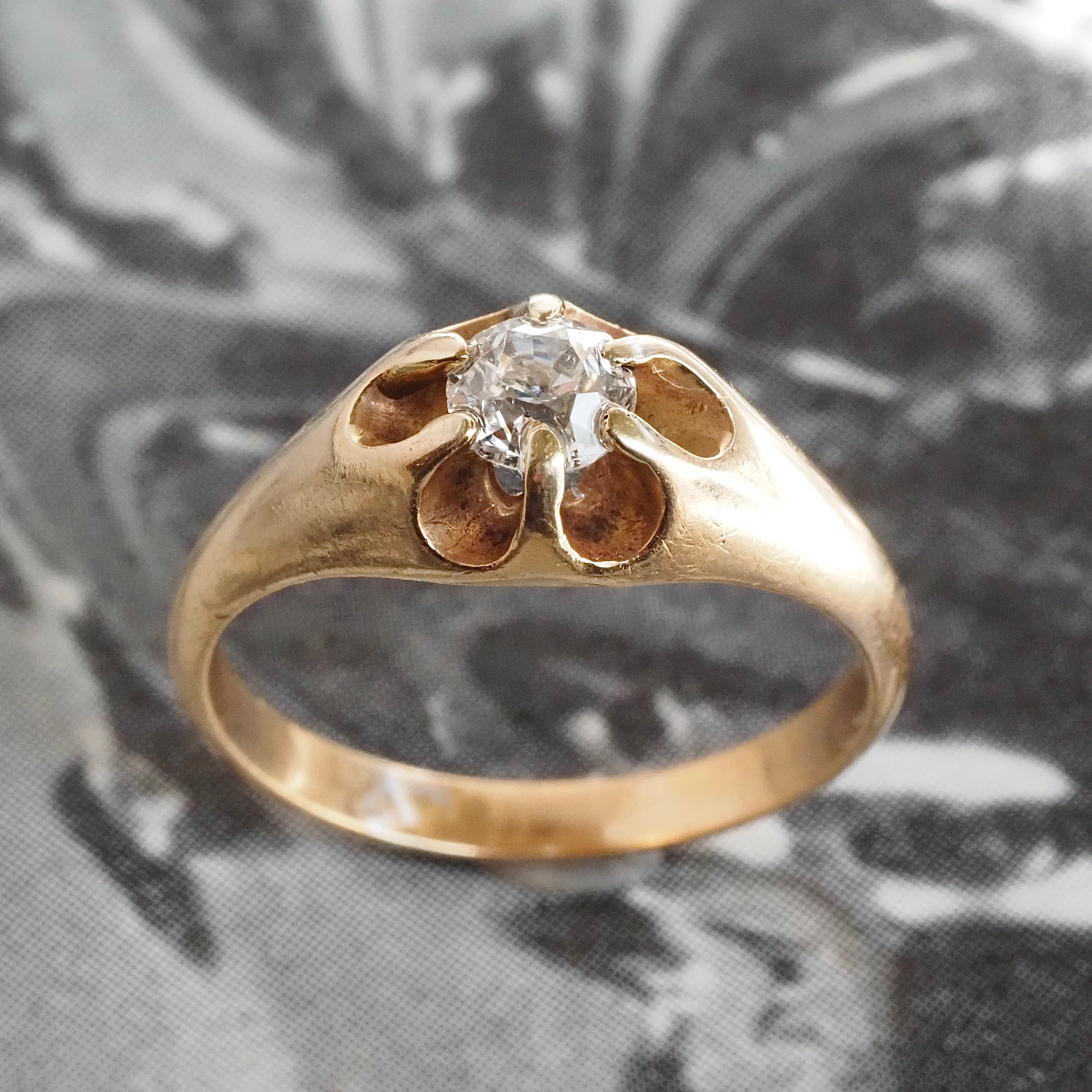 Antique Old Mine Cut Diamond Belcher Set 14k Gold Engagement Ring