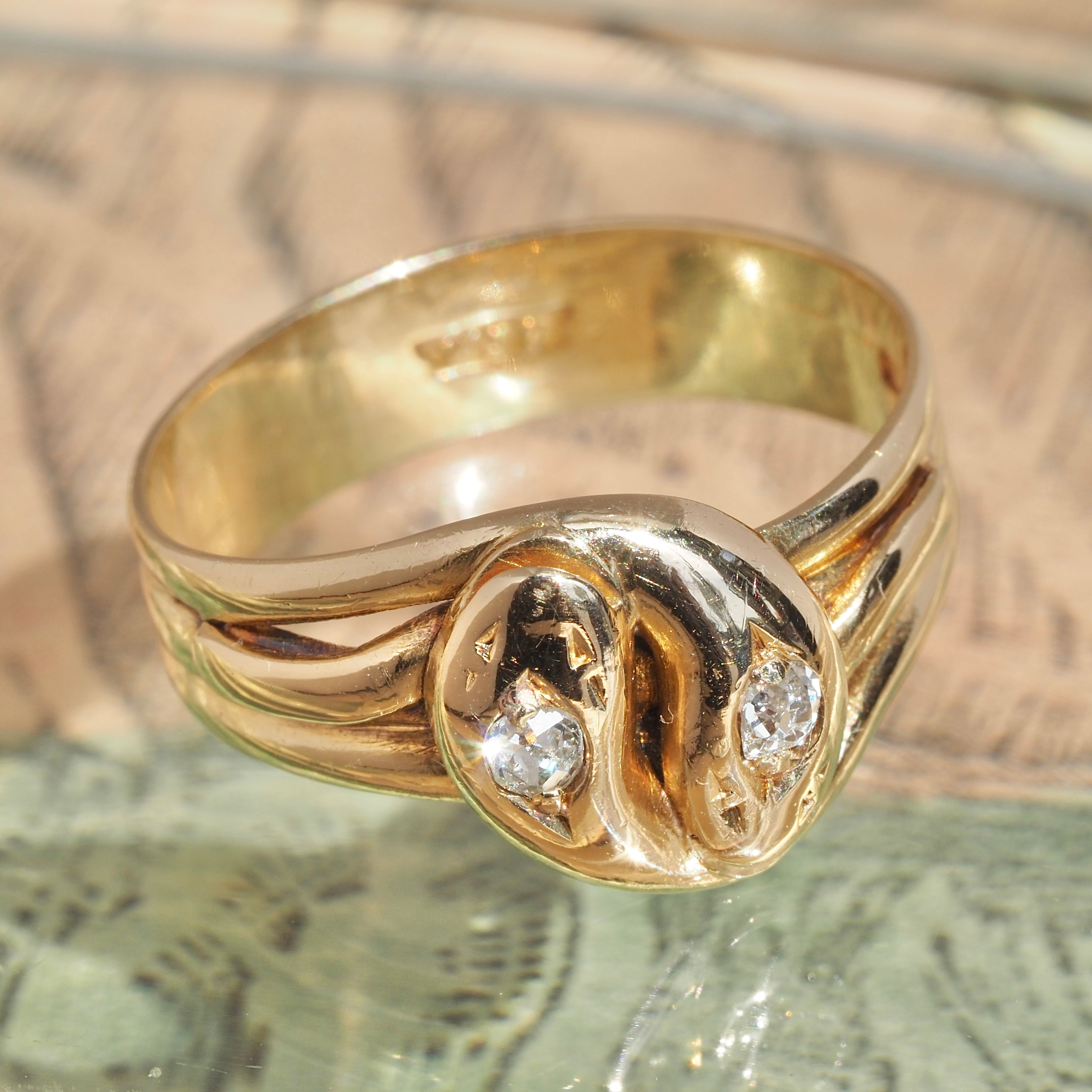 Antique English Double Snake Old Mine Cut Diamond 18k Gold Ring