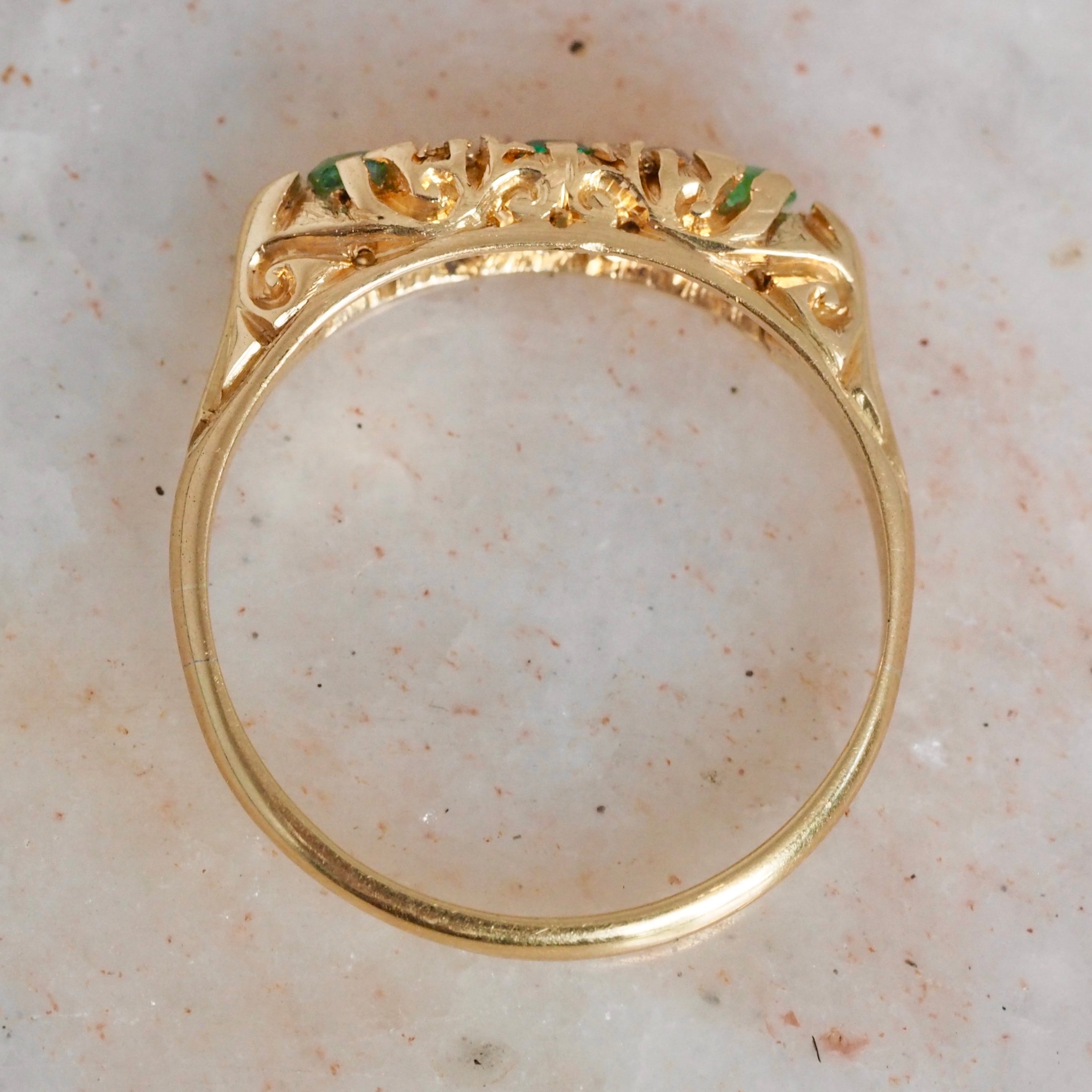 Antique English Art Nouveau 18k Gold Five Stone Emerald and Diamond Ring
