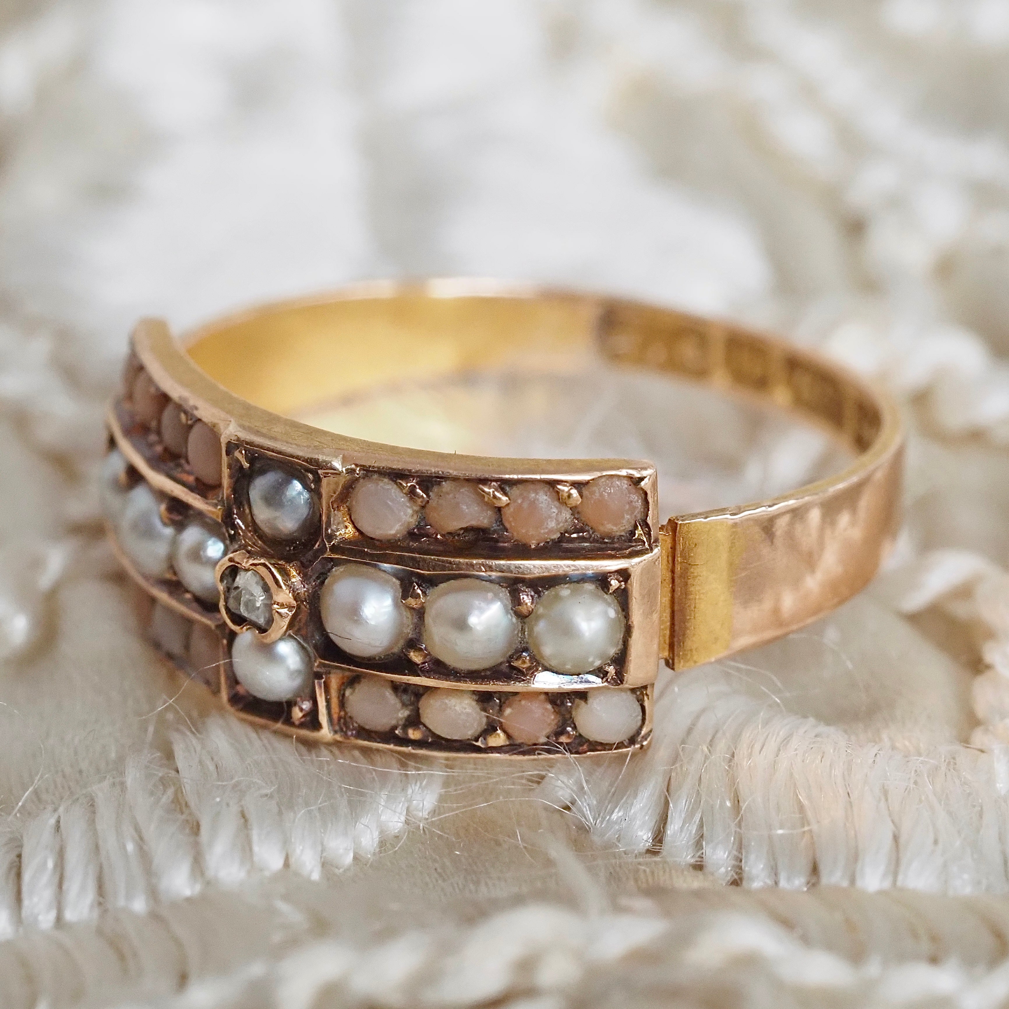 Antique Victorian 15k Gold Coral Diamond and Seed Pearl Ring