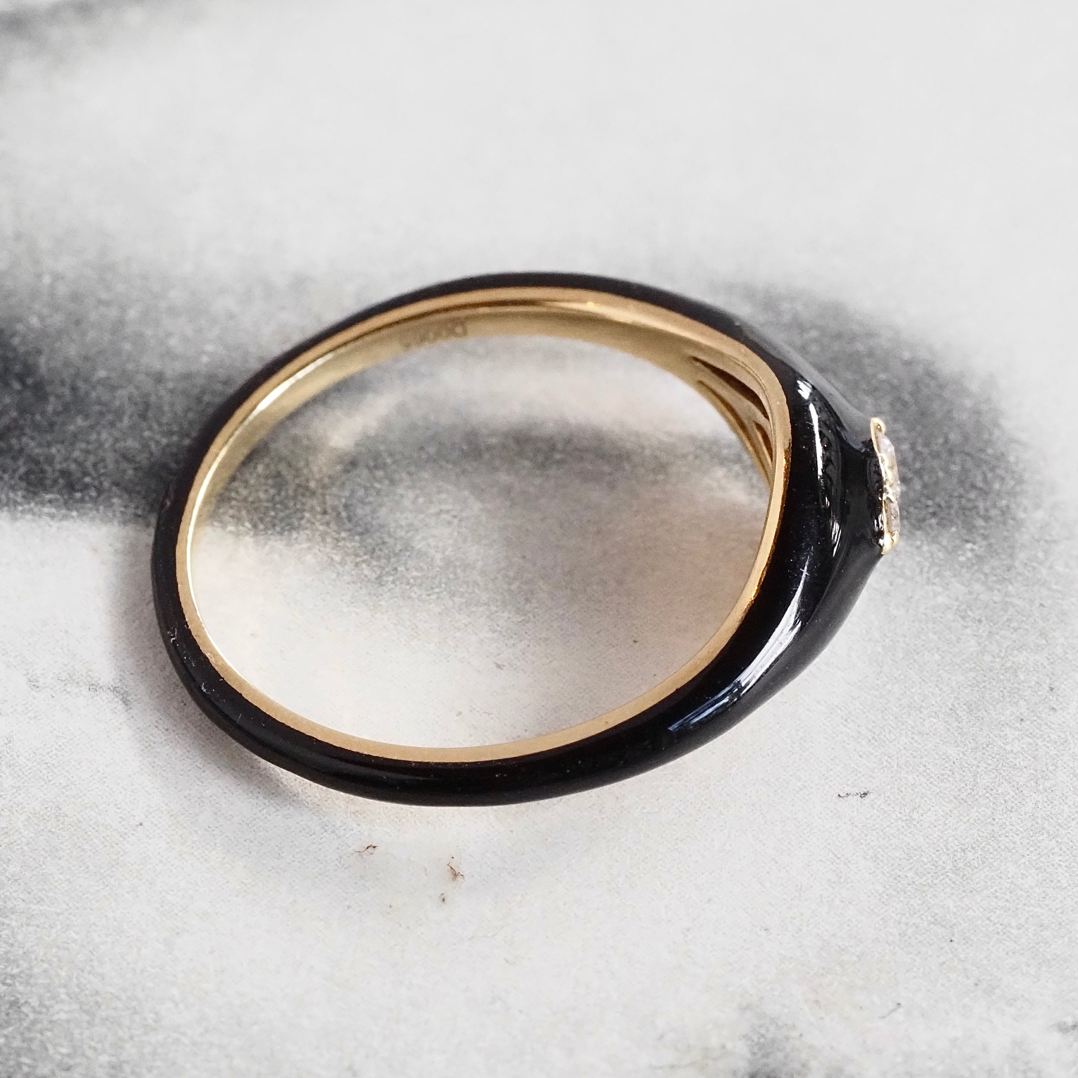 Domed Black Enamel 18k Gold Diamond Teardrop Ring