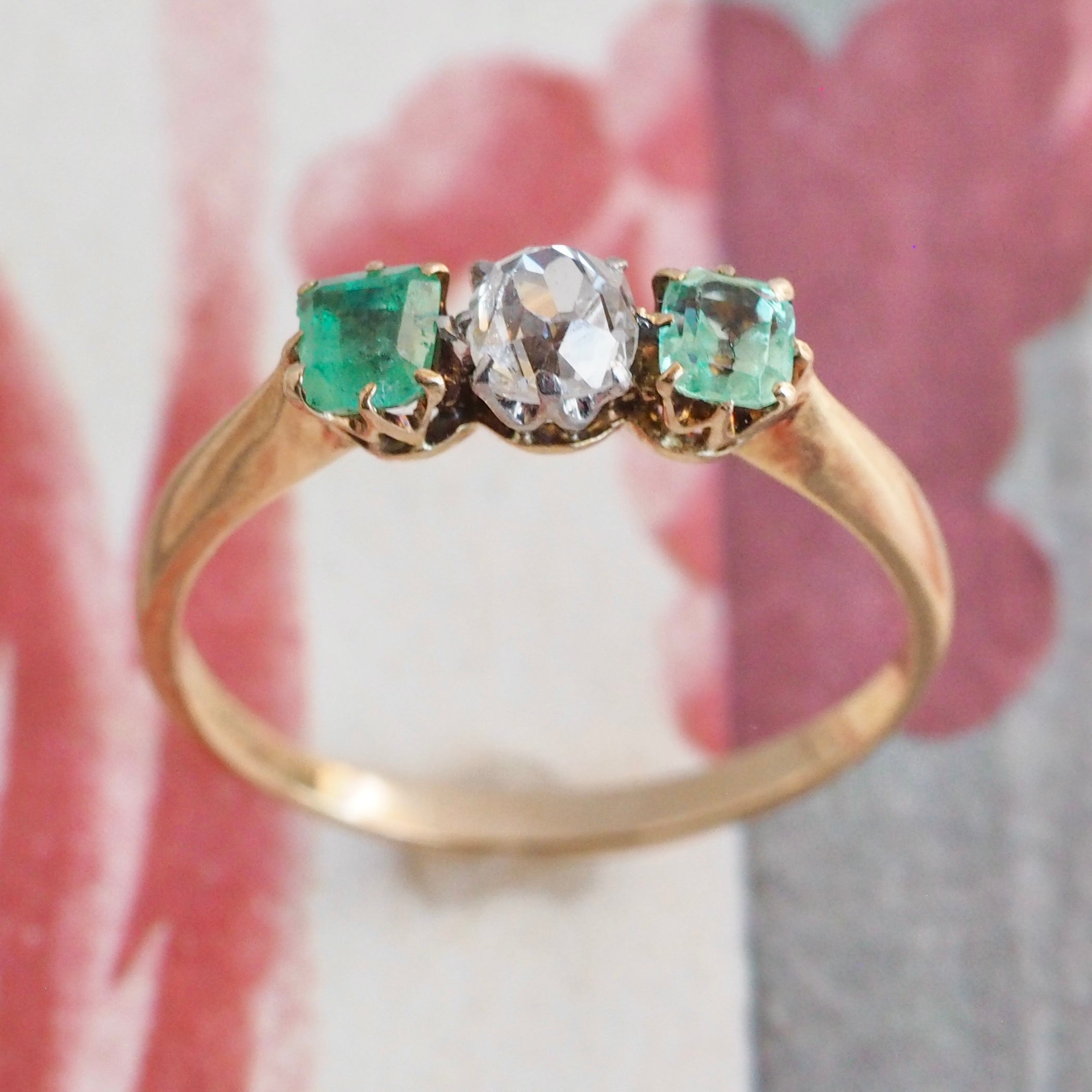 Antique Victorian 14k Gold Emerald and Old Mine Cut Diamond Trilogy Ring