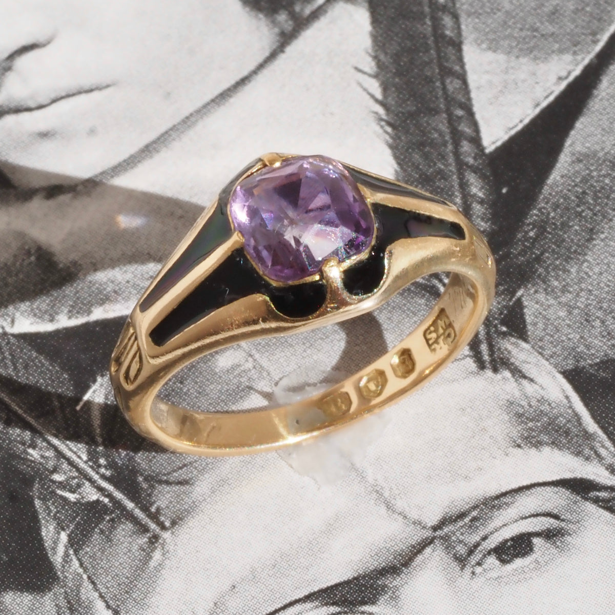 Antique c. 1844-45 Victorian English Amethyst and Black Enamel 14k Gold Ring