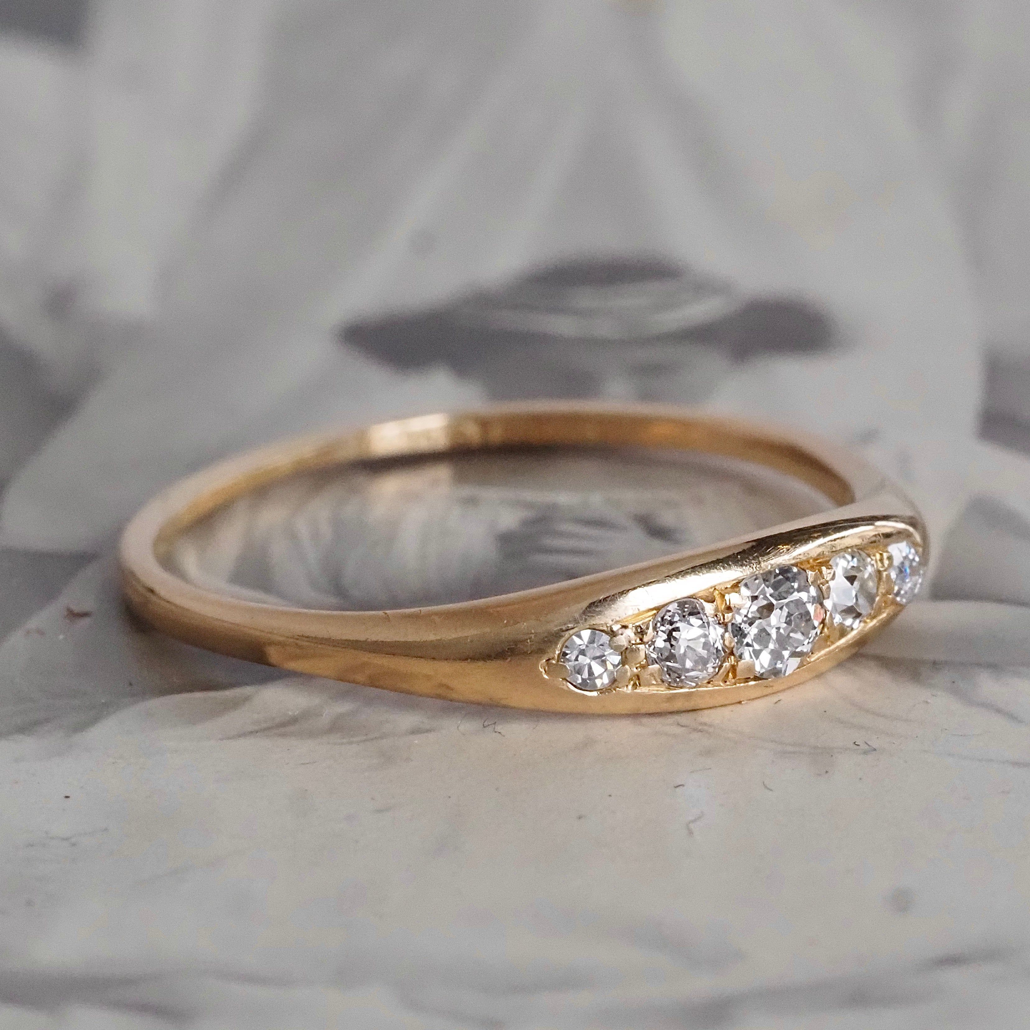 Antique English Old Mine Cut Diamond Five Stone 18k Gold Boat Ring