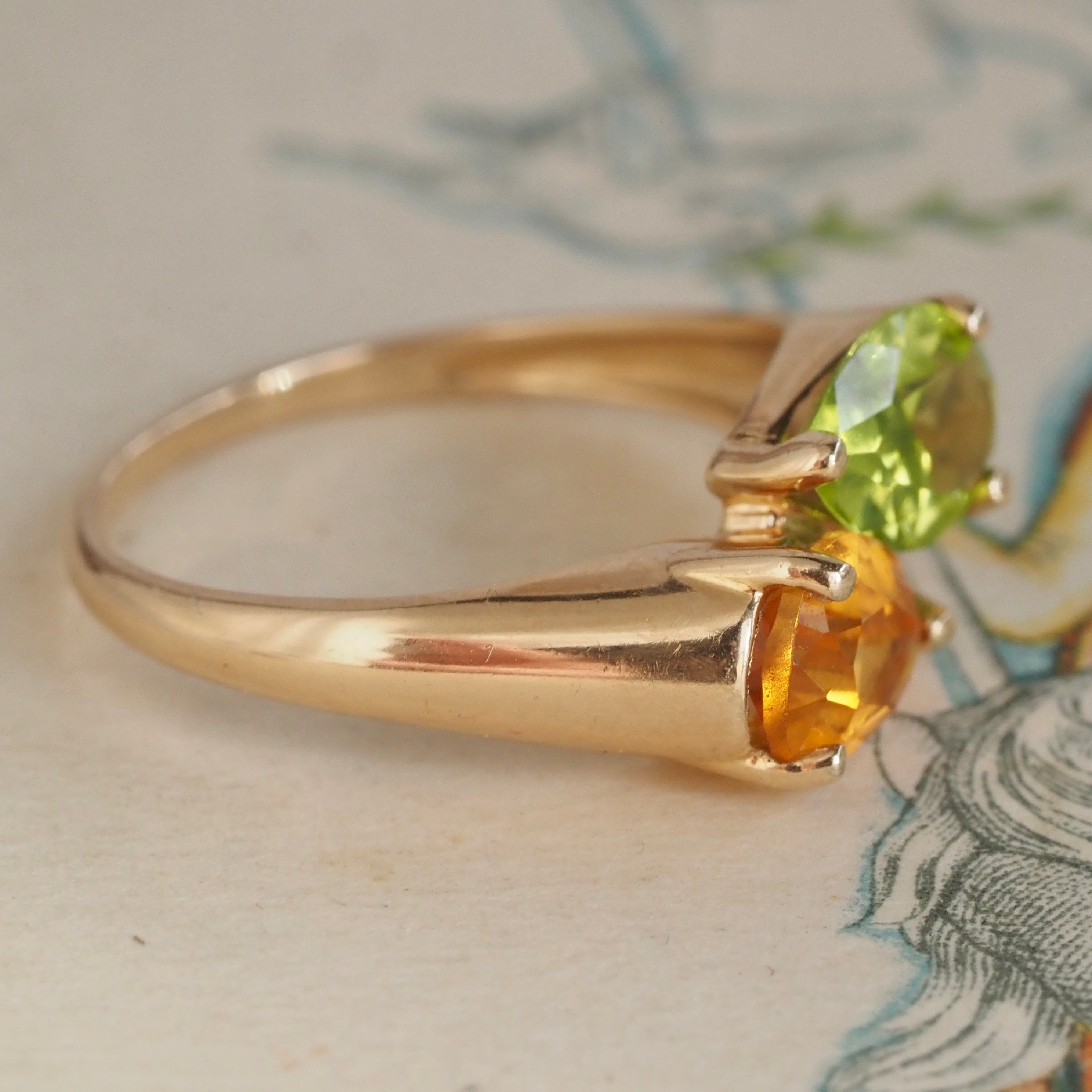 Vintage Pear Shaped Peridot and Citrine 14k Gold Ring