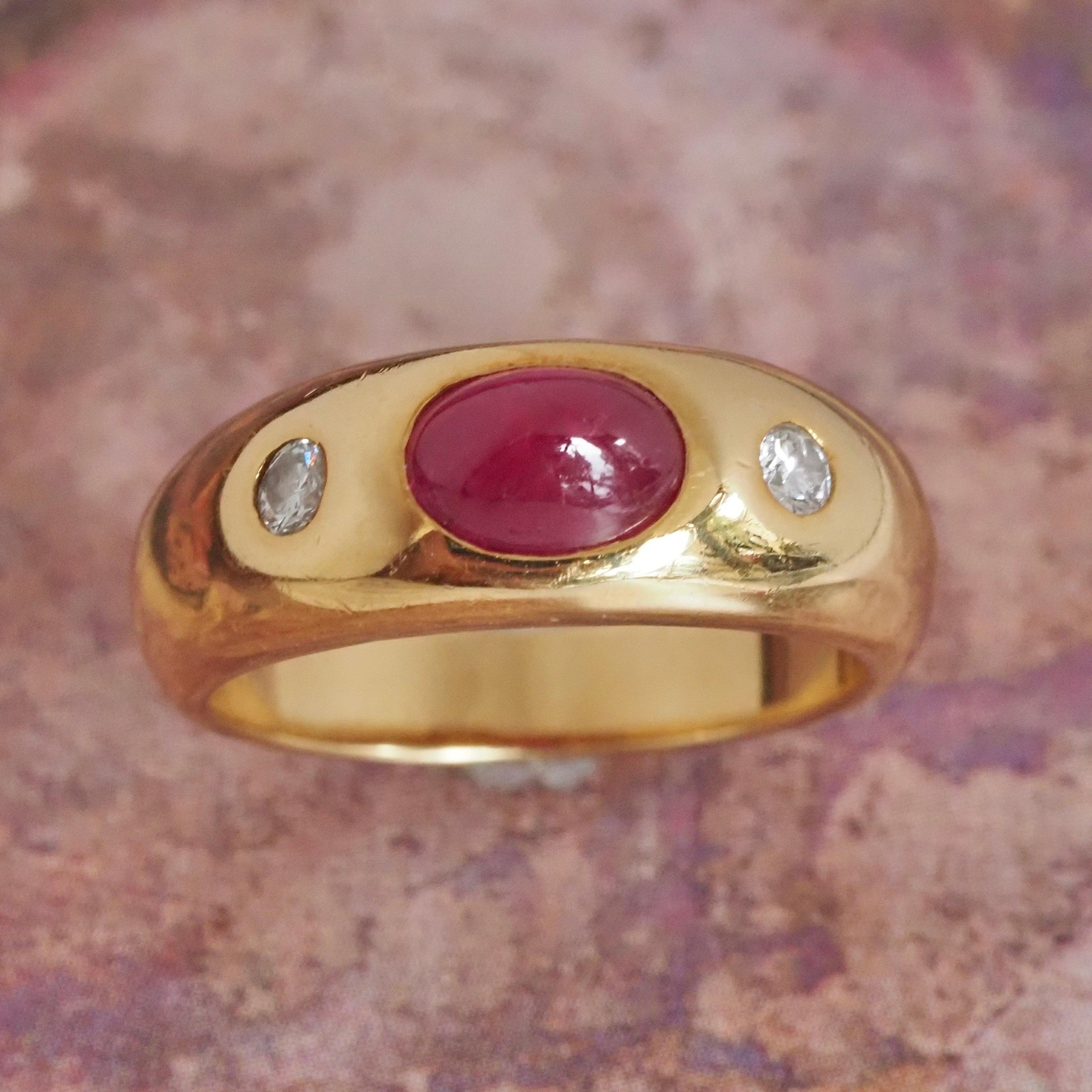 Vintage Natural Ruby and Diamond Flush Set 18k Gold Dome Ring
