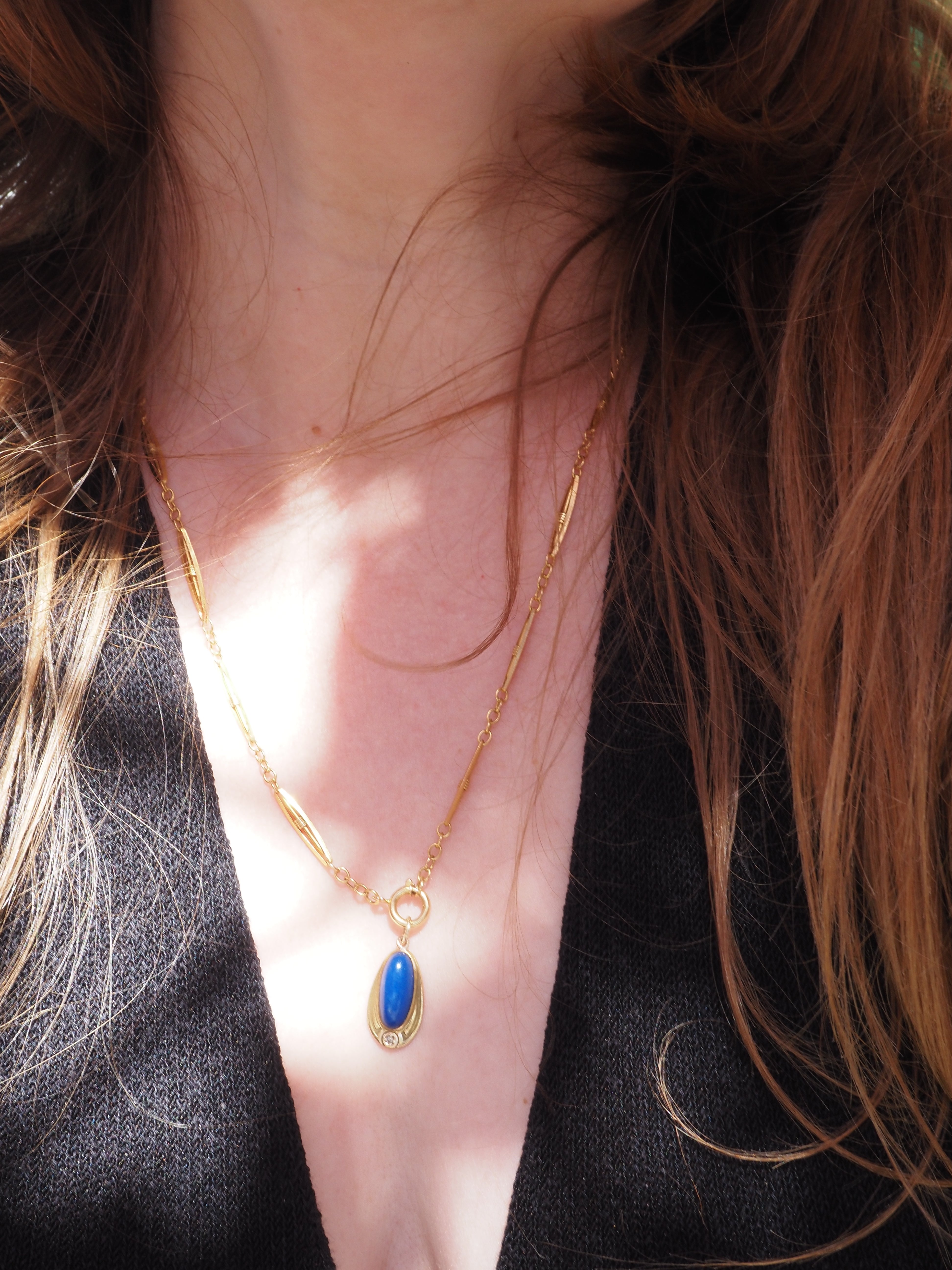 Antique Art Nouveau 14k Gold Lapis & Diamond Pendant