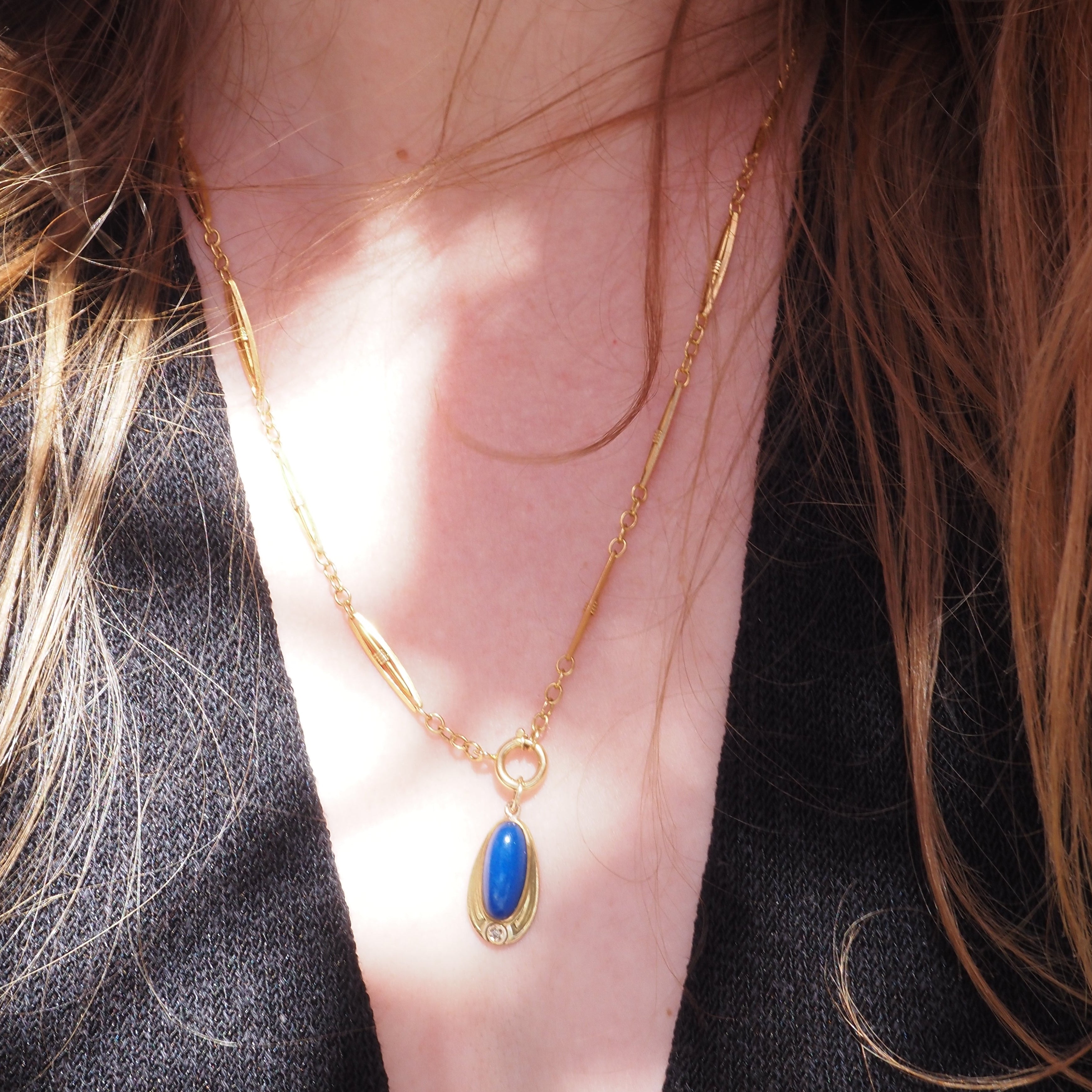 Antique Art Nouveau 14k Gold Lapis & Diamond Pendant