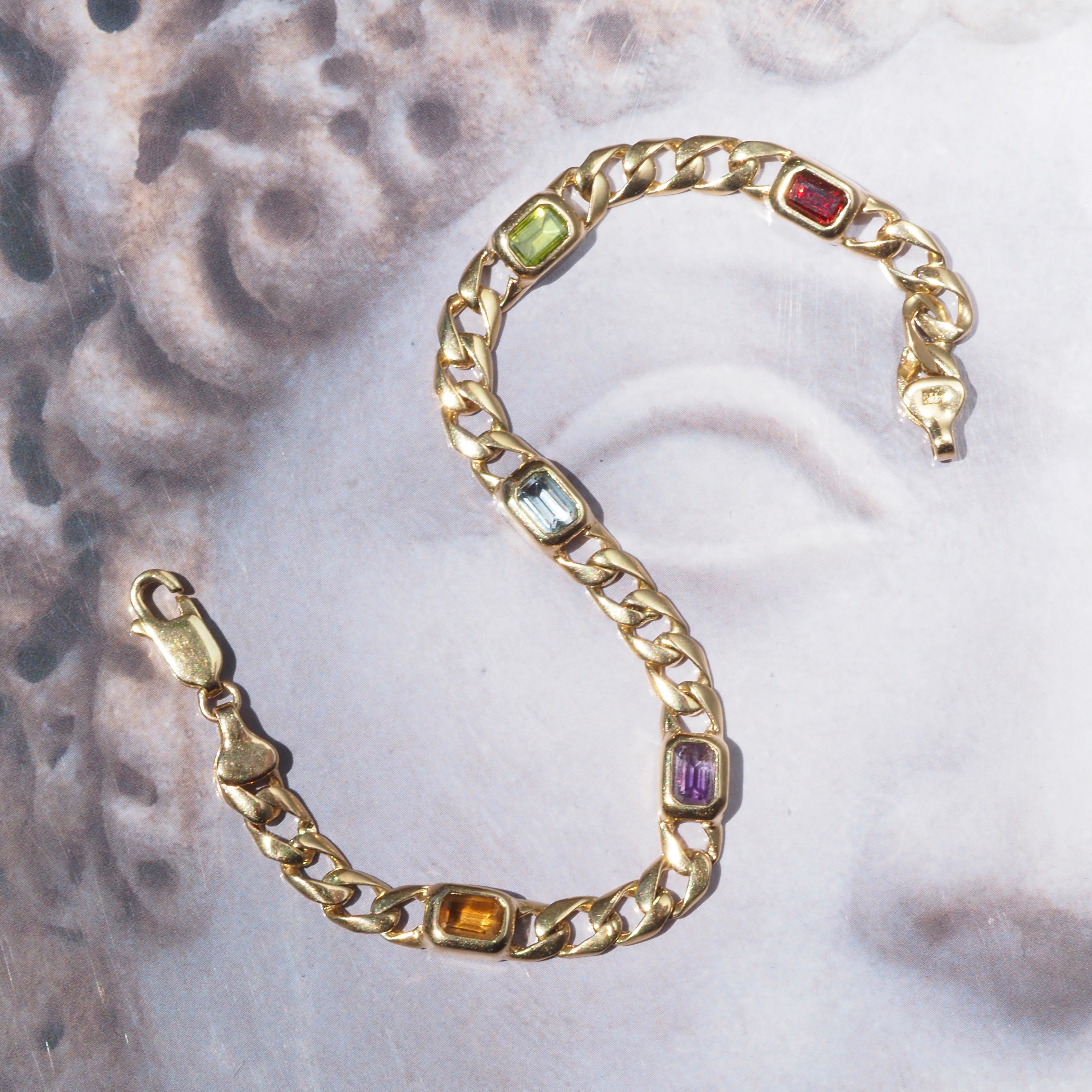 Vintage 14k Gold Curb Station Bracelet with Citrine Peridot Amethyst Garnet and Topaz