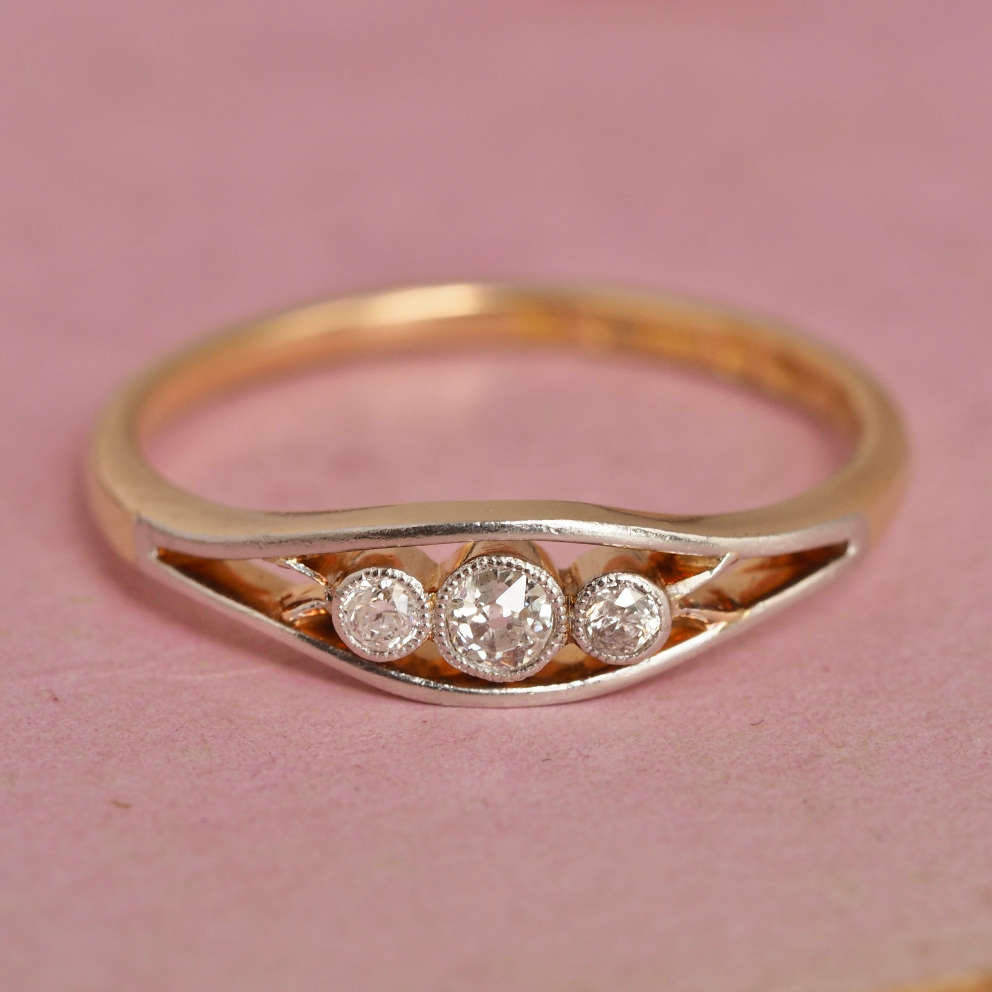 Late Art Deco English 18k Gold and Platinum Old Mine Cut Diamond Trilogy Ring