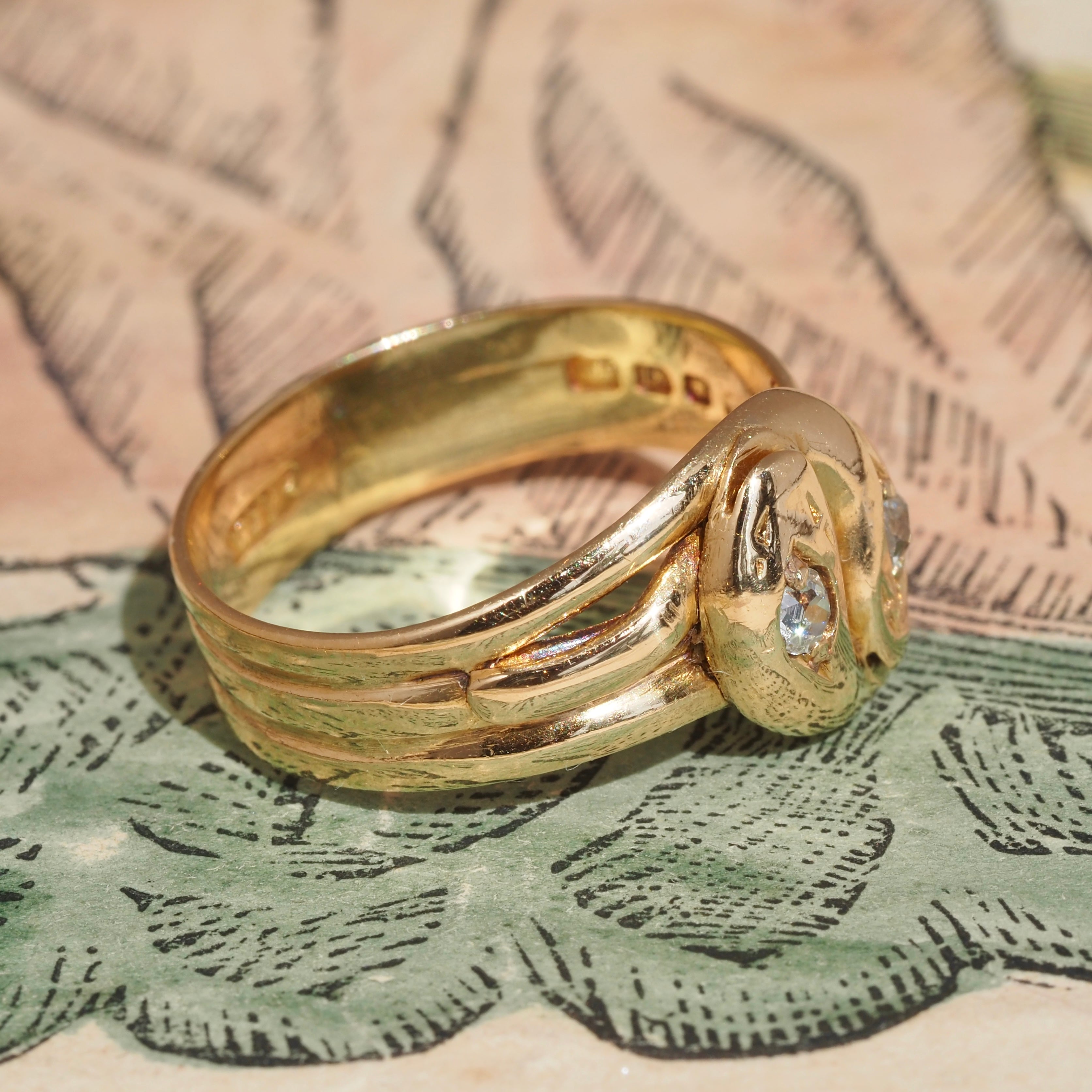 Antique English Double Snake Old Mine Cut Diamond 18k Gold Ring