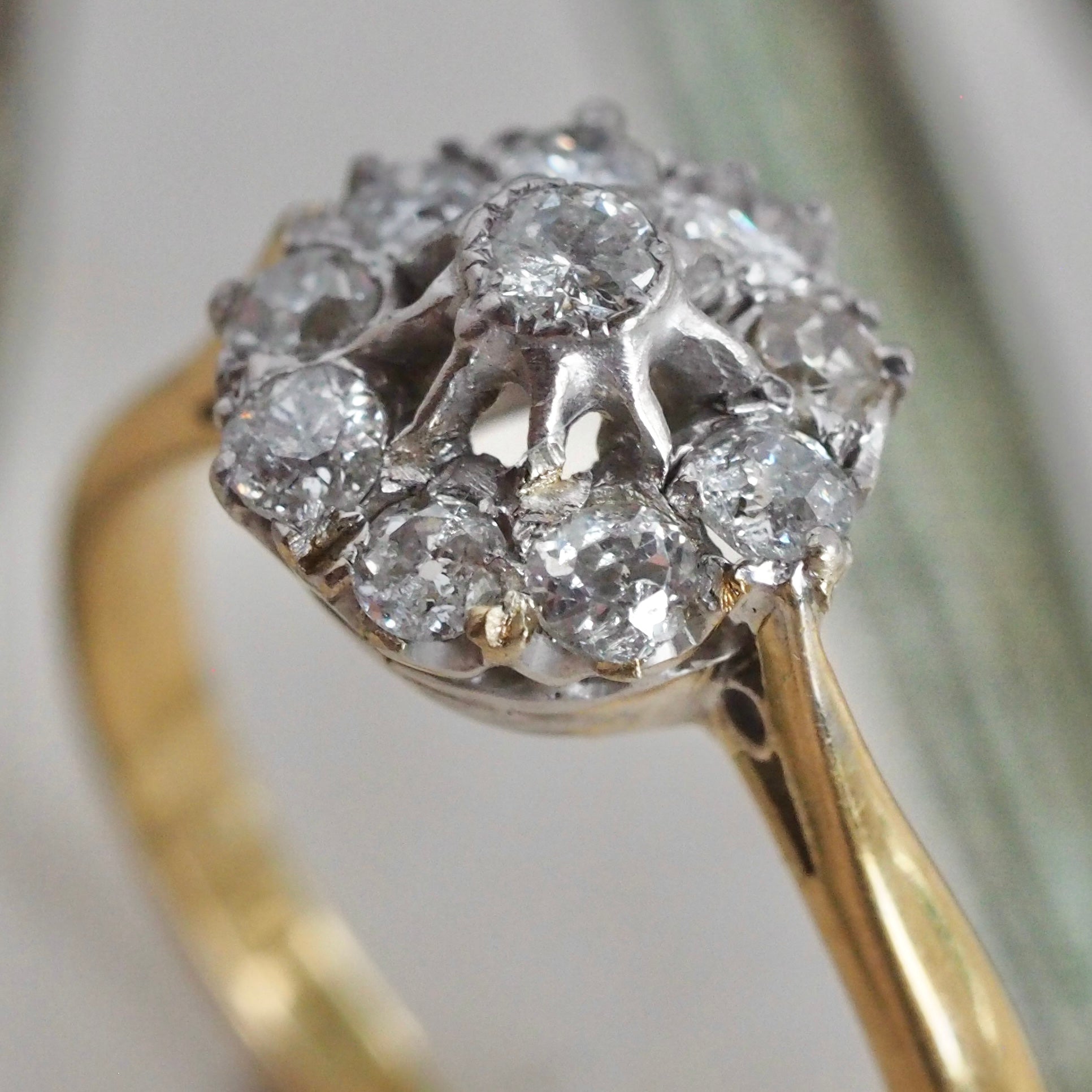 Antique Old Mine Cut Diamond Cluster 18k Gold and Platinum Engagement Ring