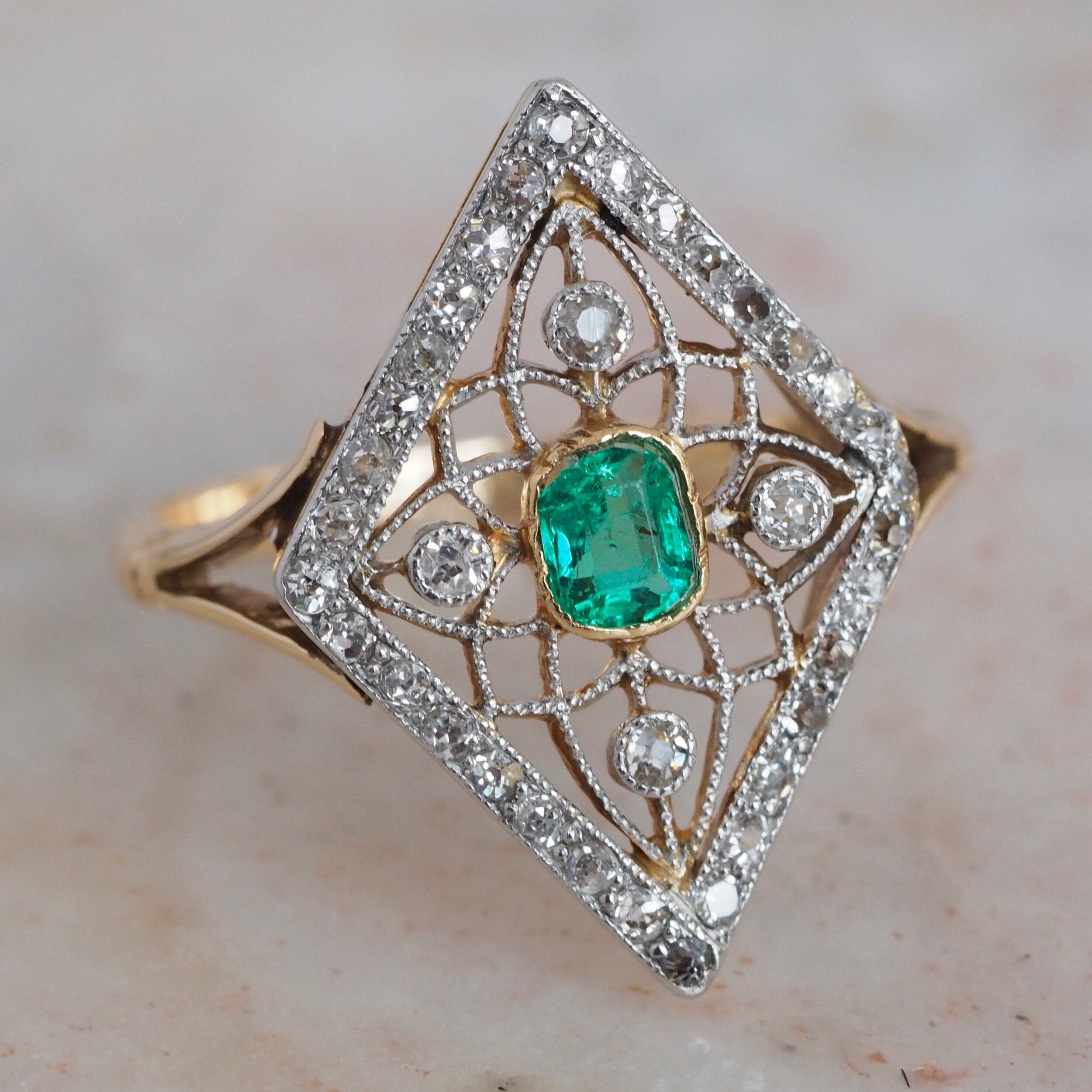 Edwardian 14k Gold Platinum Emerald and Diamond Kite Ring