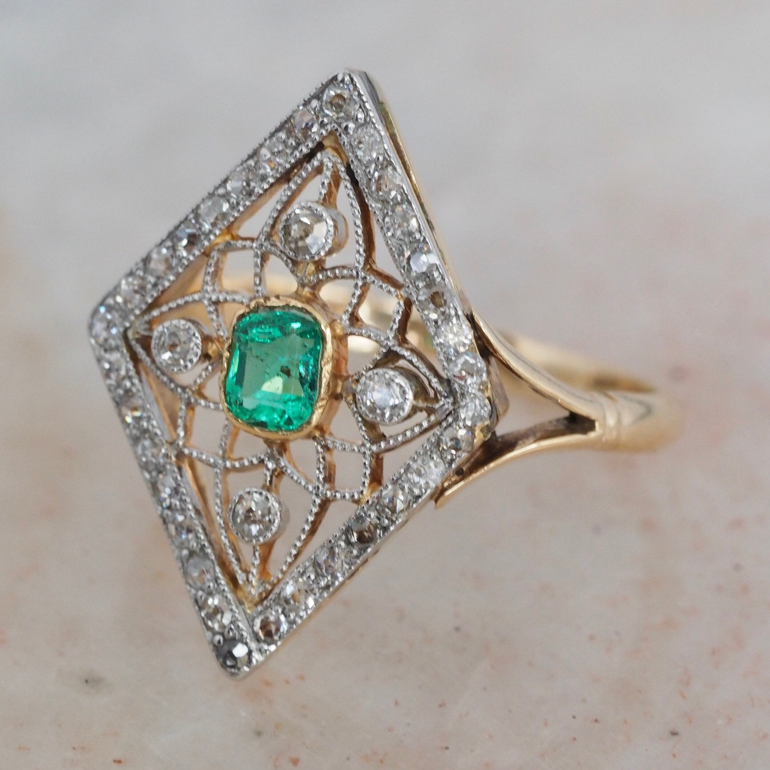 Edwardian 14k Gold Platinum Emerald and Diamond Kite Ring