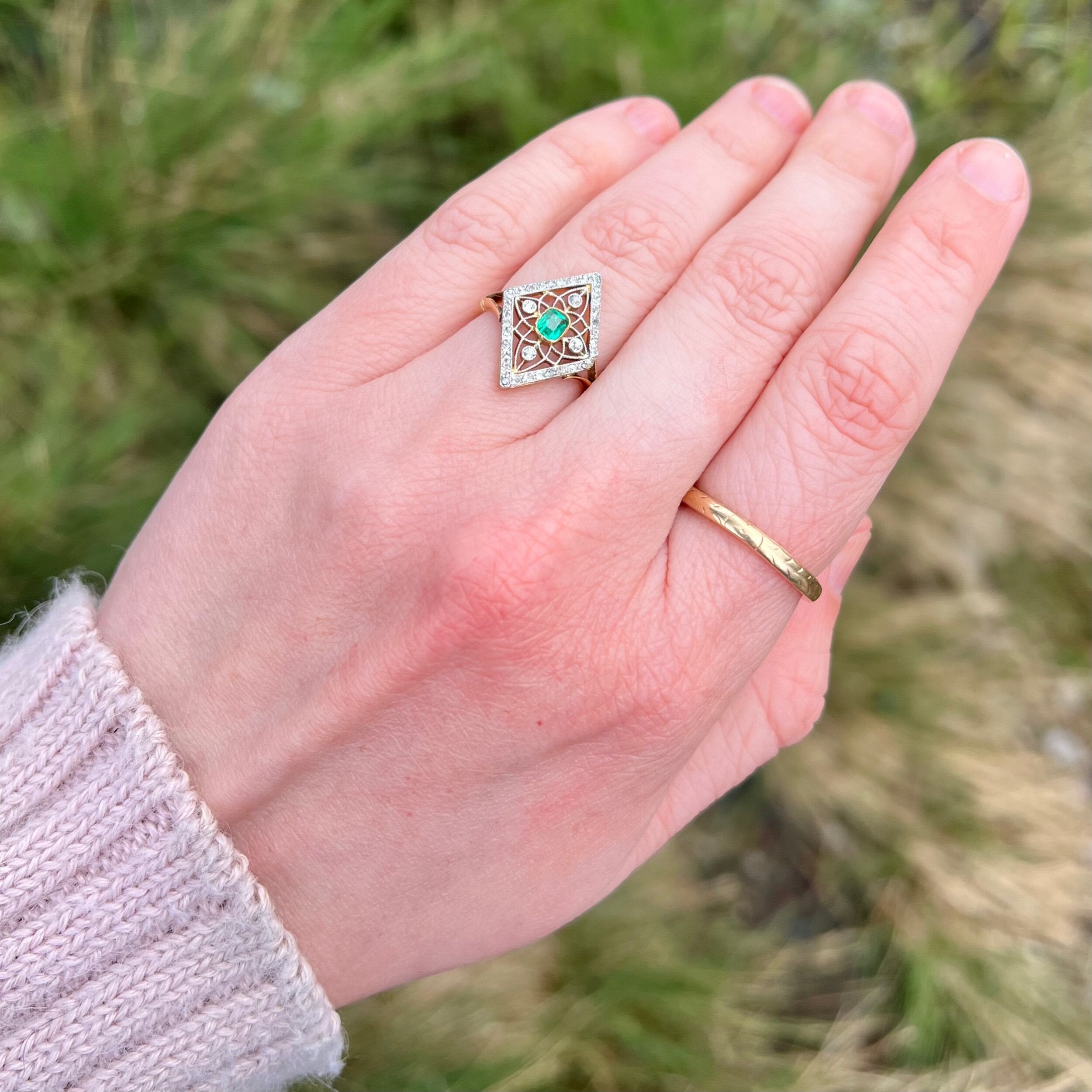 Edwardian 14k Gold Platinum Emerald and Diamond Kite Ring