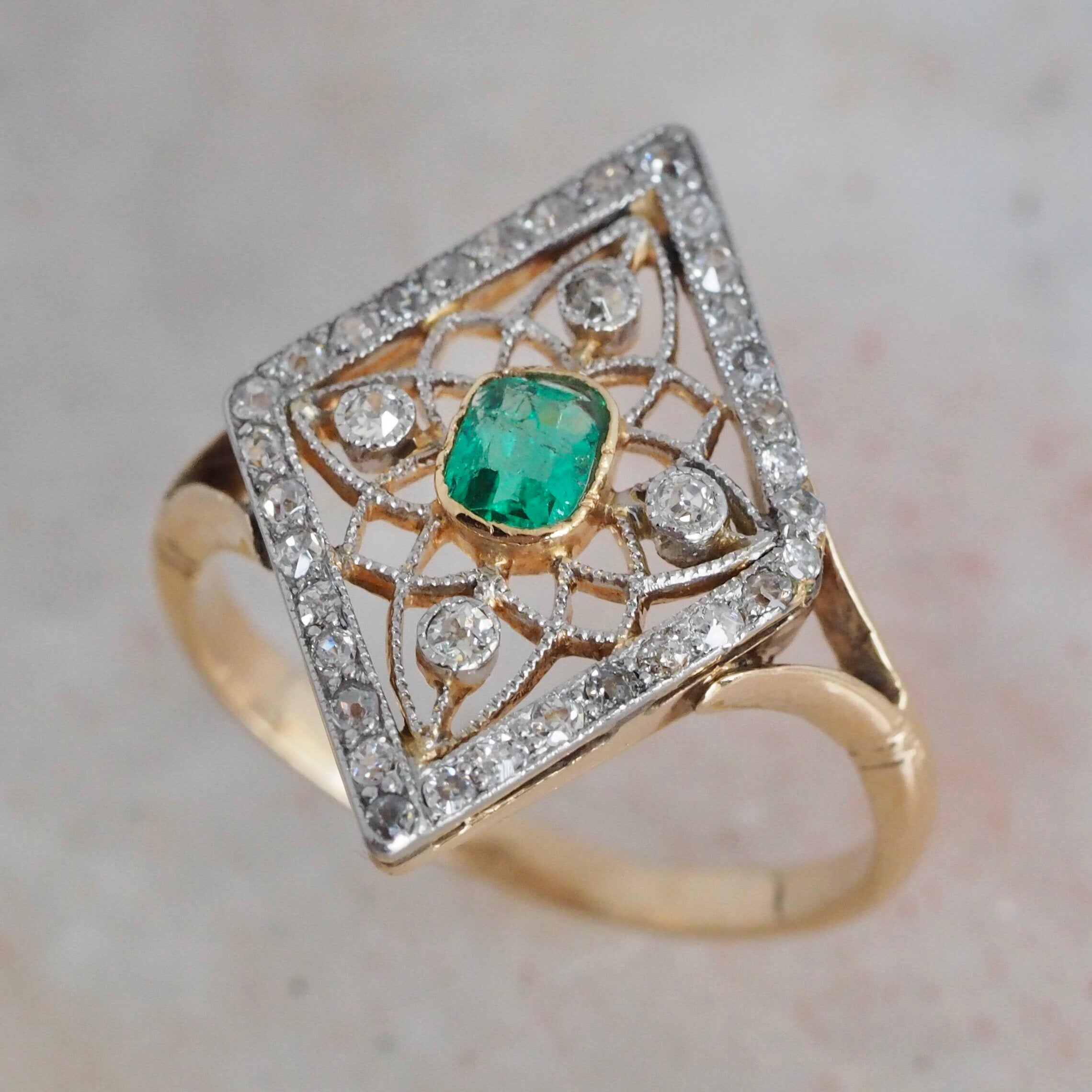 Edwardian 14k Gold Platinum Emerald and Diamond Kite Ring