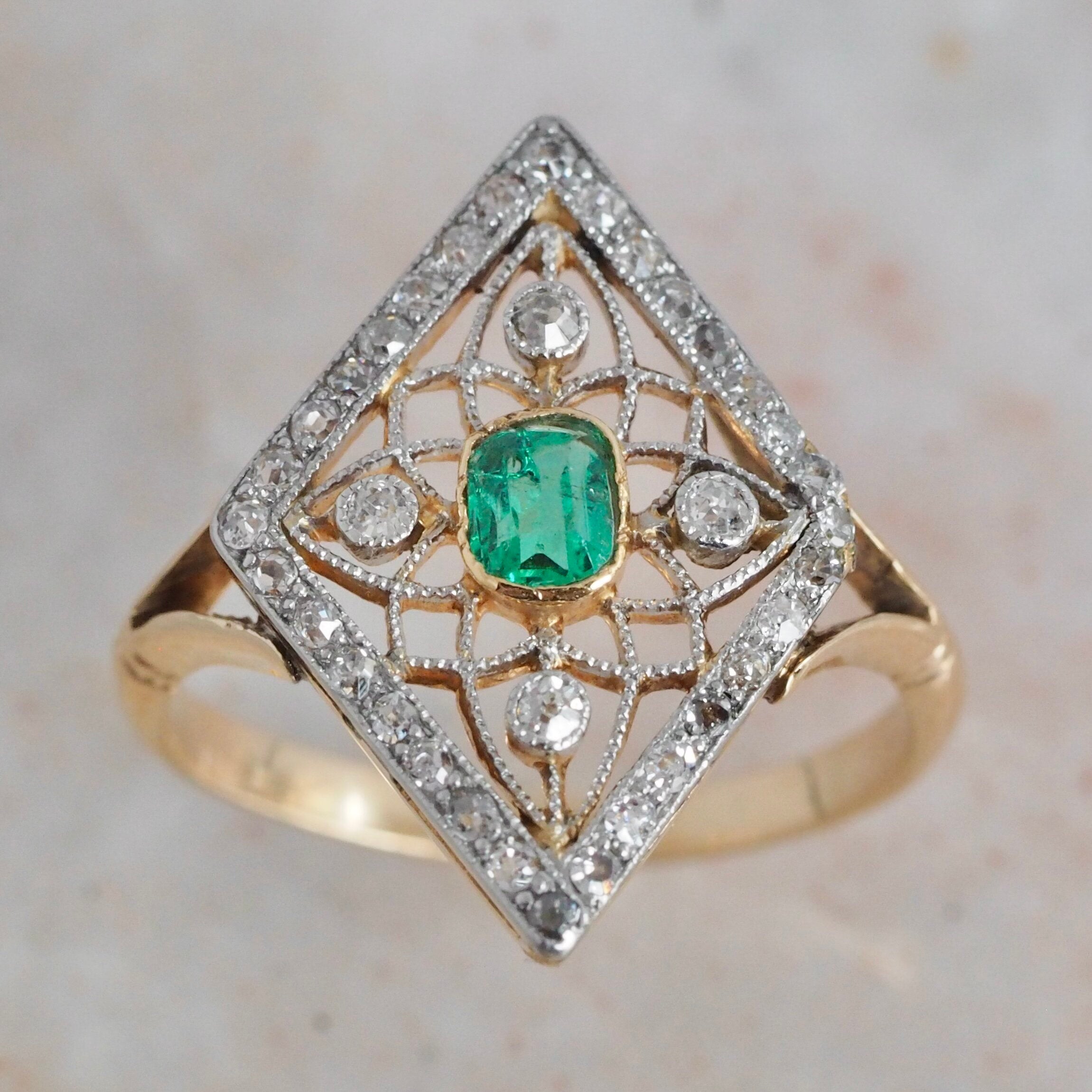 Edwardian 14k Gold Platinum Emerald and Diamond Kite Ring