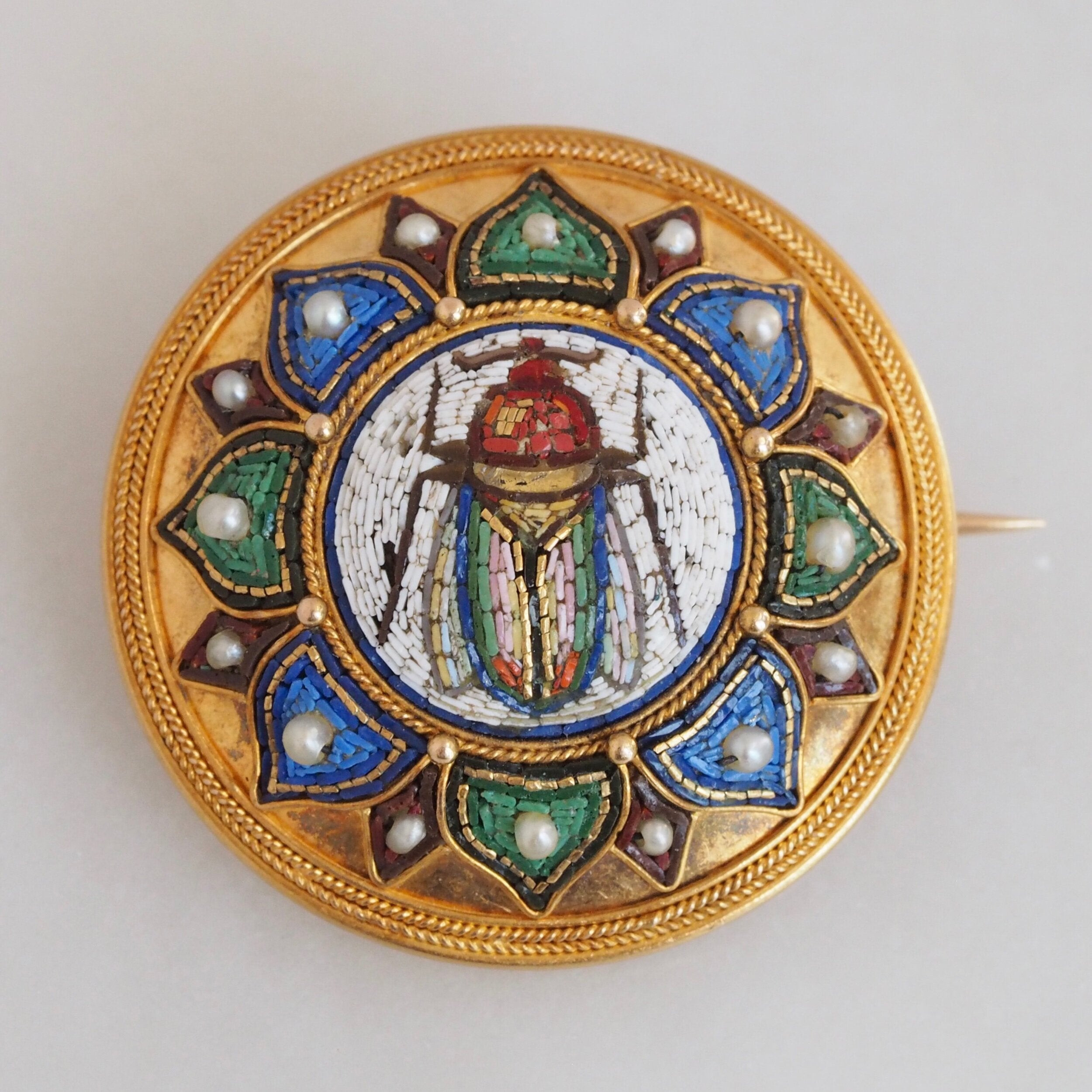 Egyptian Revival Victorian Micro Mosaic Scarab Brooch, Grand Tour 18k with Vatican Hallmark