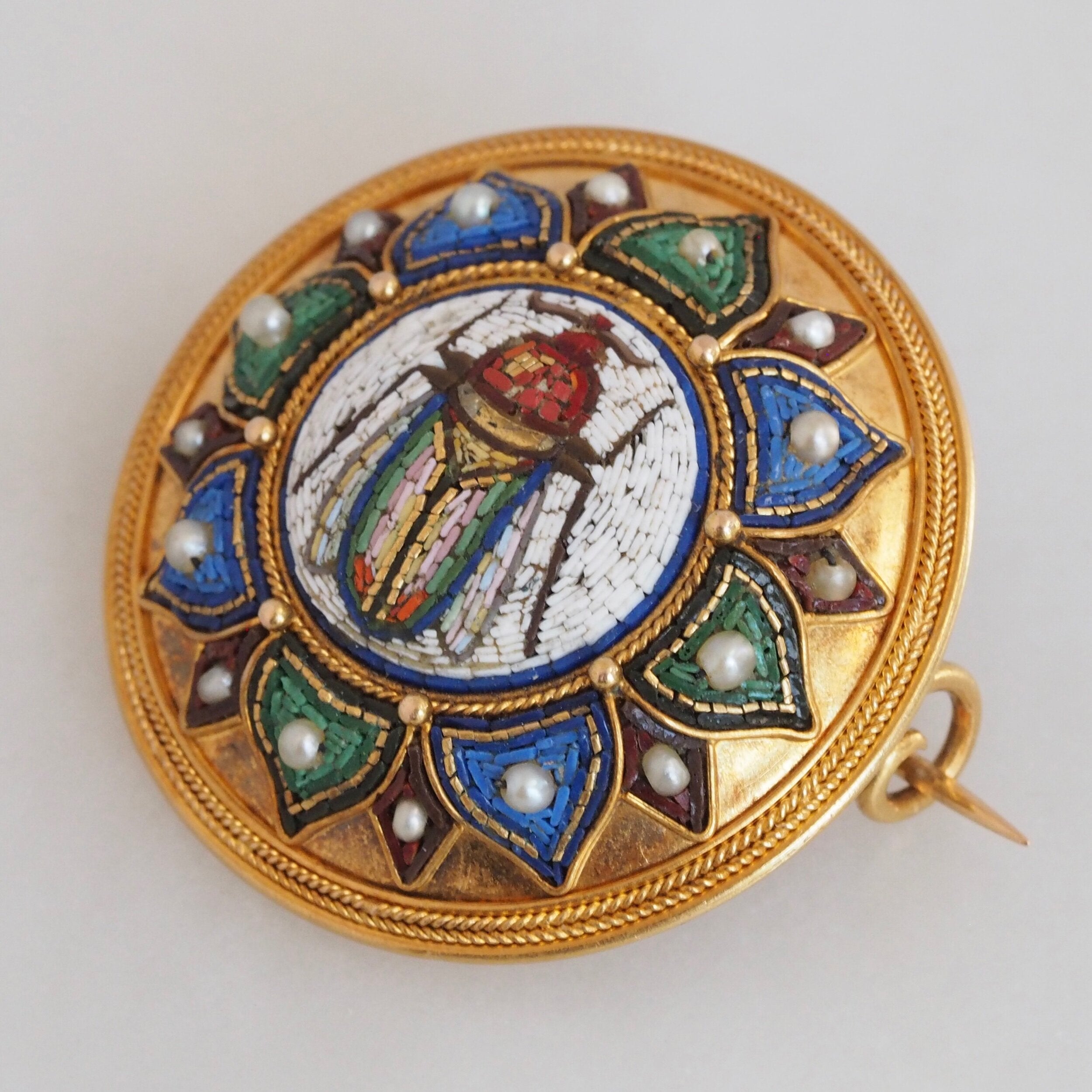 Egyptian Revival Victorian Micro Mosaic Scarab Brooch, Grand Tour 18k with Vatican Hallmark