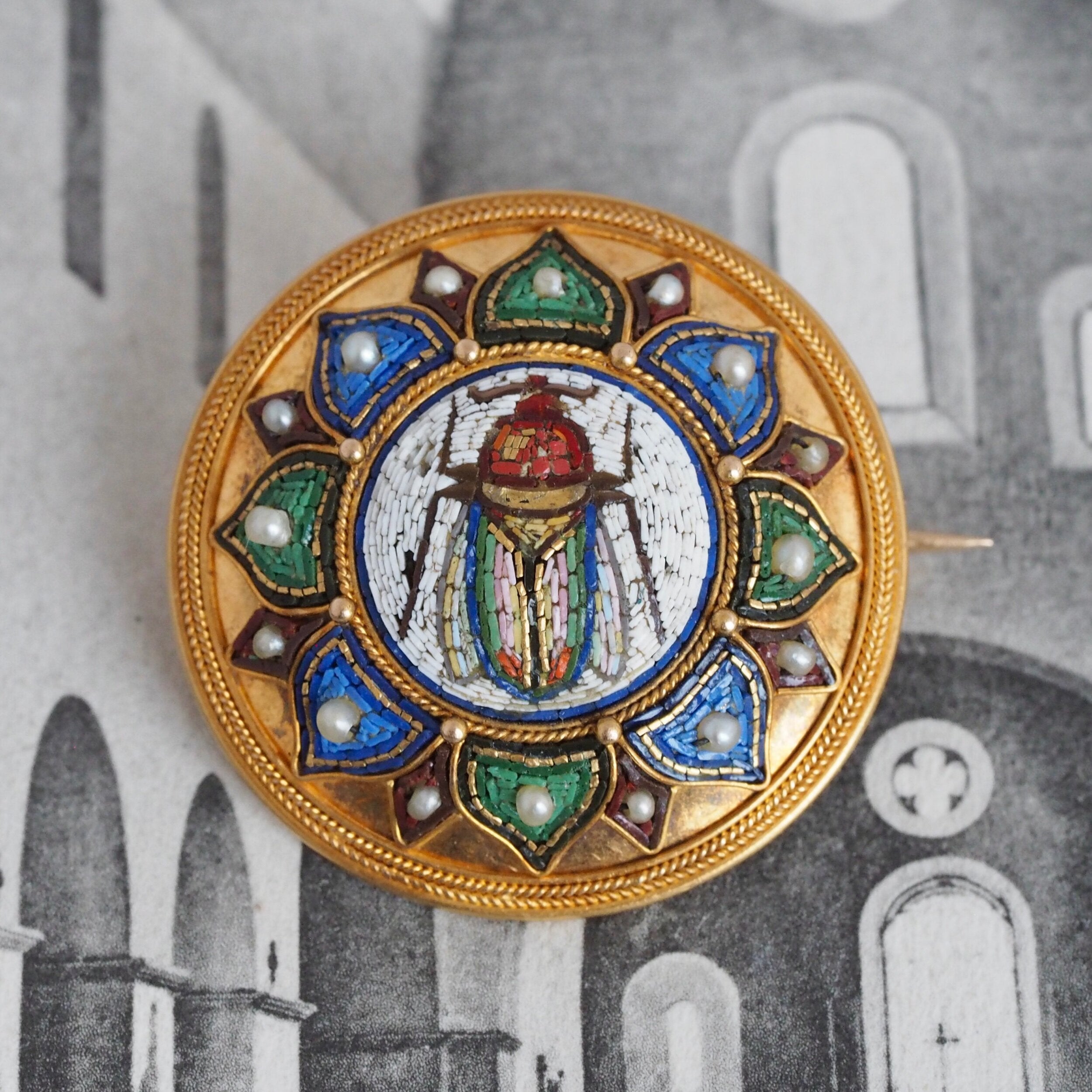 Egyptian Revival Victorian Micro Mosaic Scarab Brooch, Grand Tour 18k with Vatican Hallmark