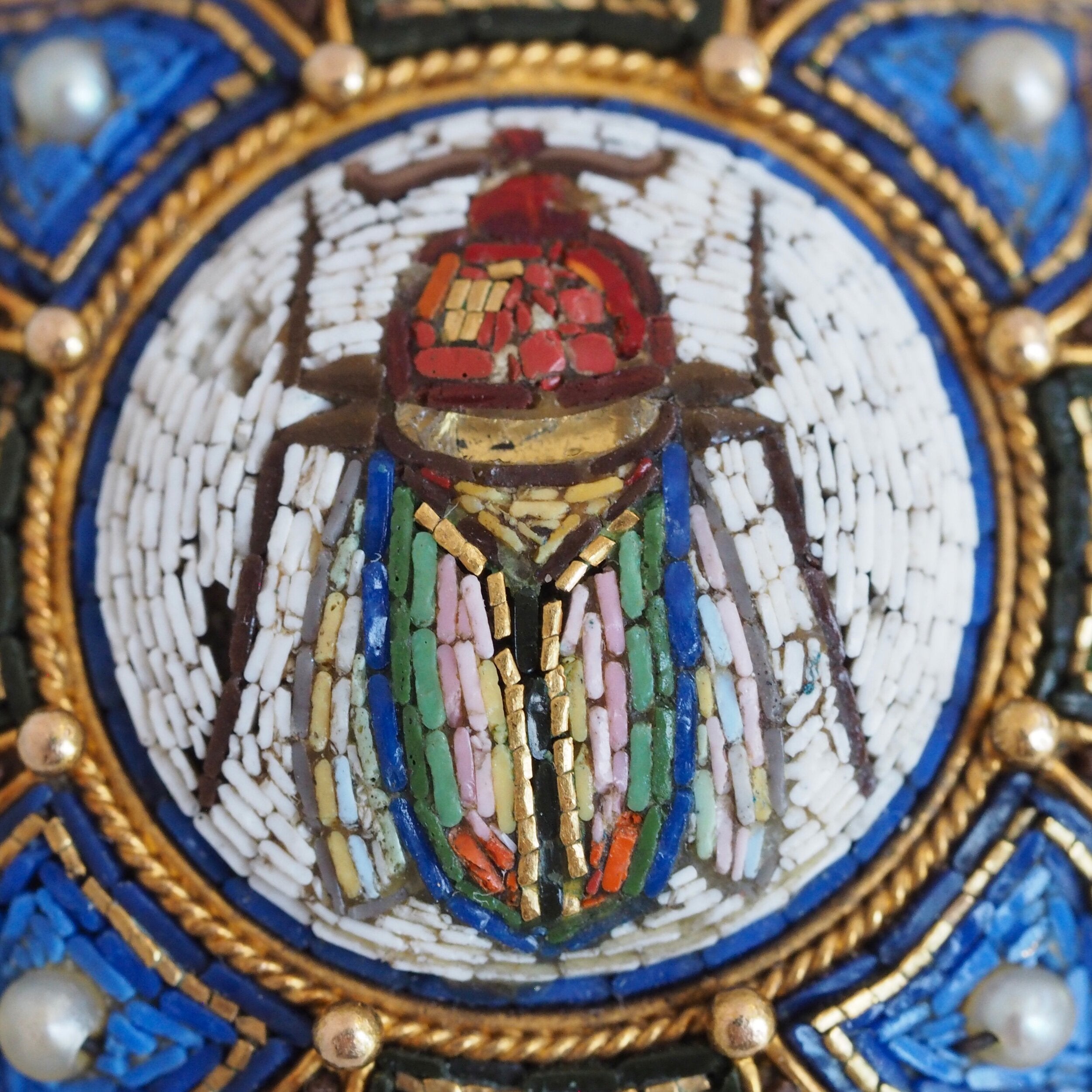 Egyptian Revival Victorian Micro Mosaic Scarab Brooch, Grand Tour 18k with Vatican Hallmark