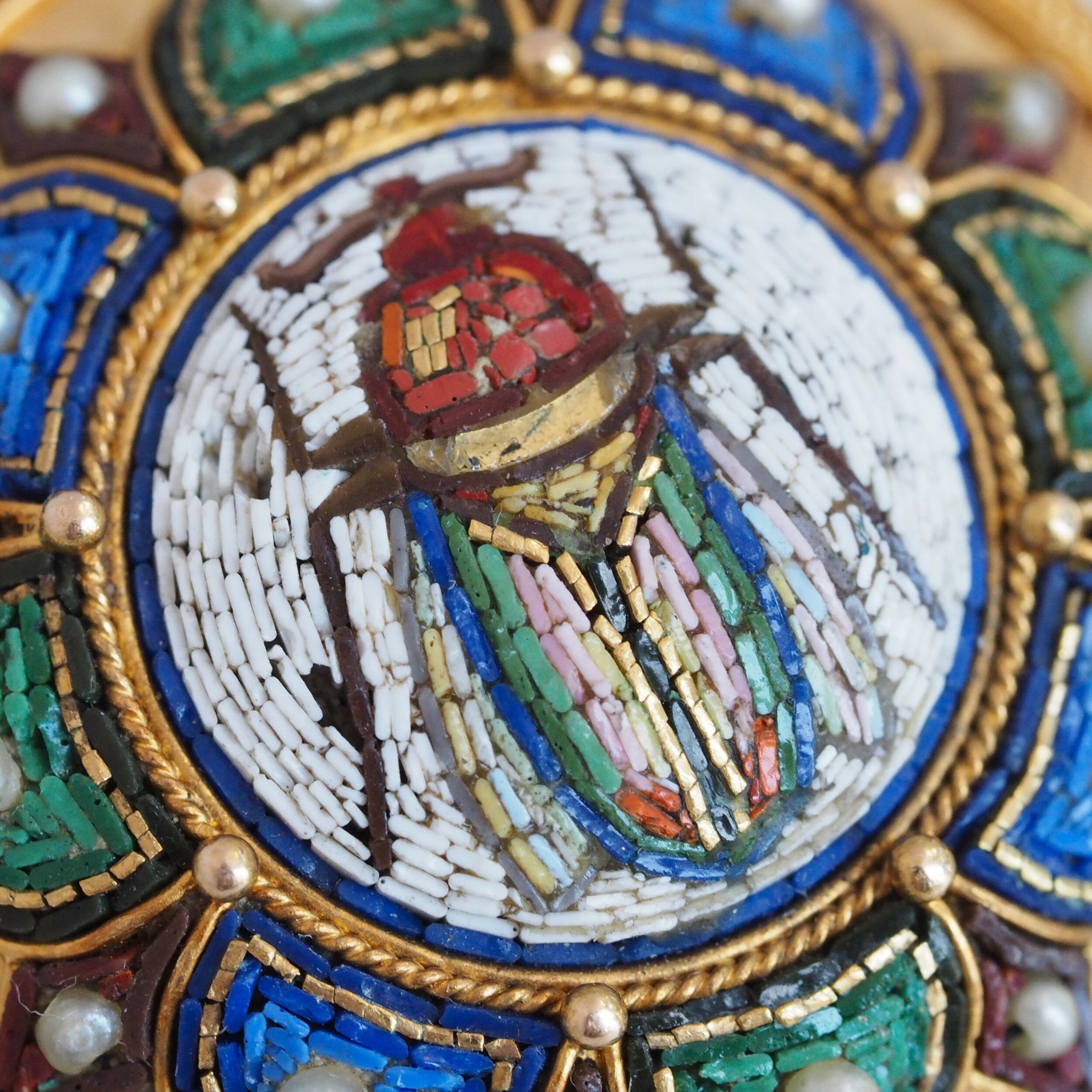 Egyptian Revival Victorian Micro Mosaic Scarab Brooch, Grand Tour 18k with Vatican Hallmark