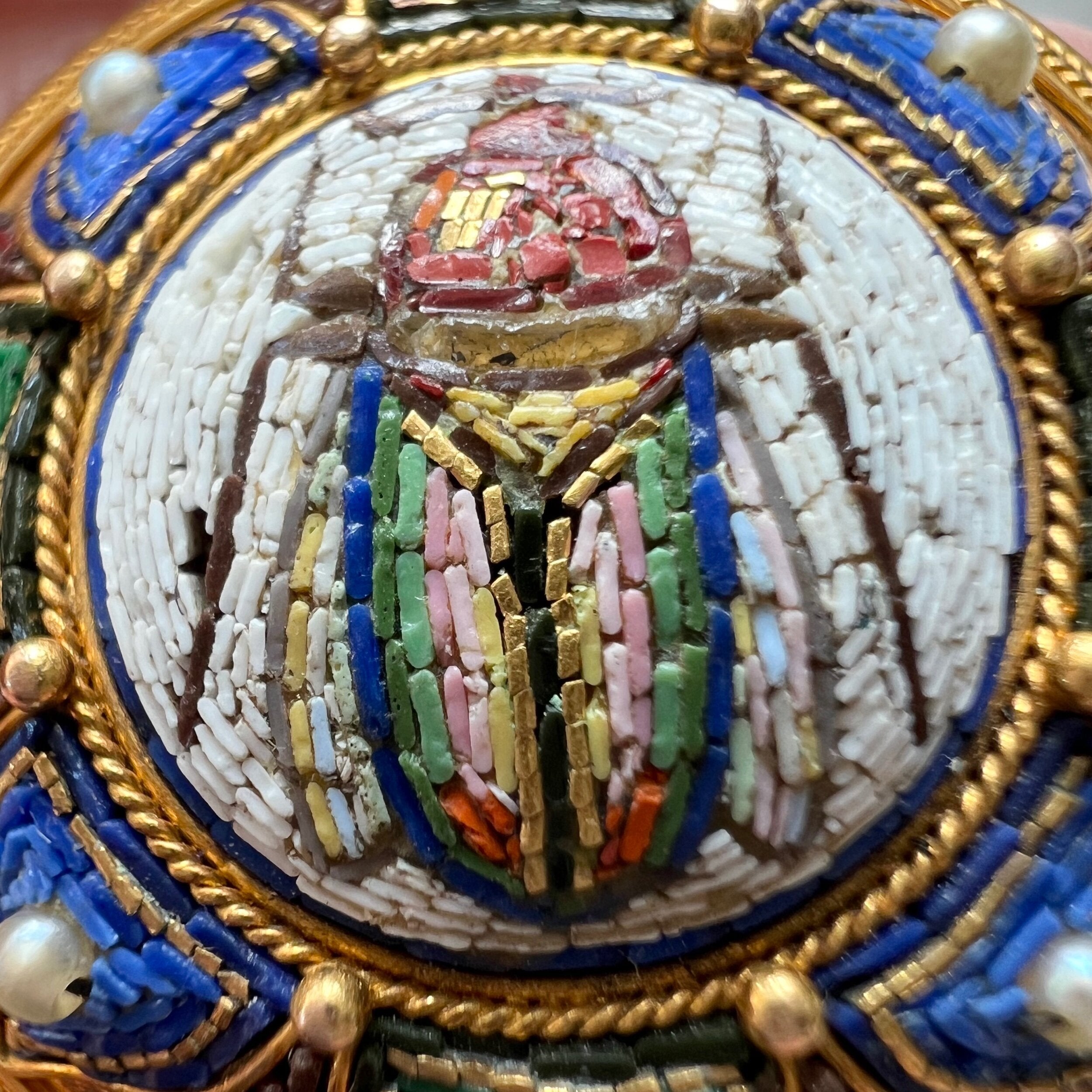 Egyptian Revival Victorian Micro Mosaic Scarab Brooch, Grand Tour 18k with Vatican Hallmark