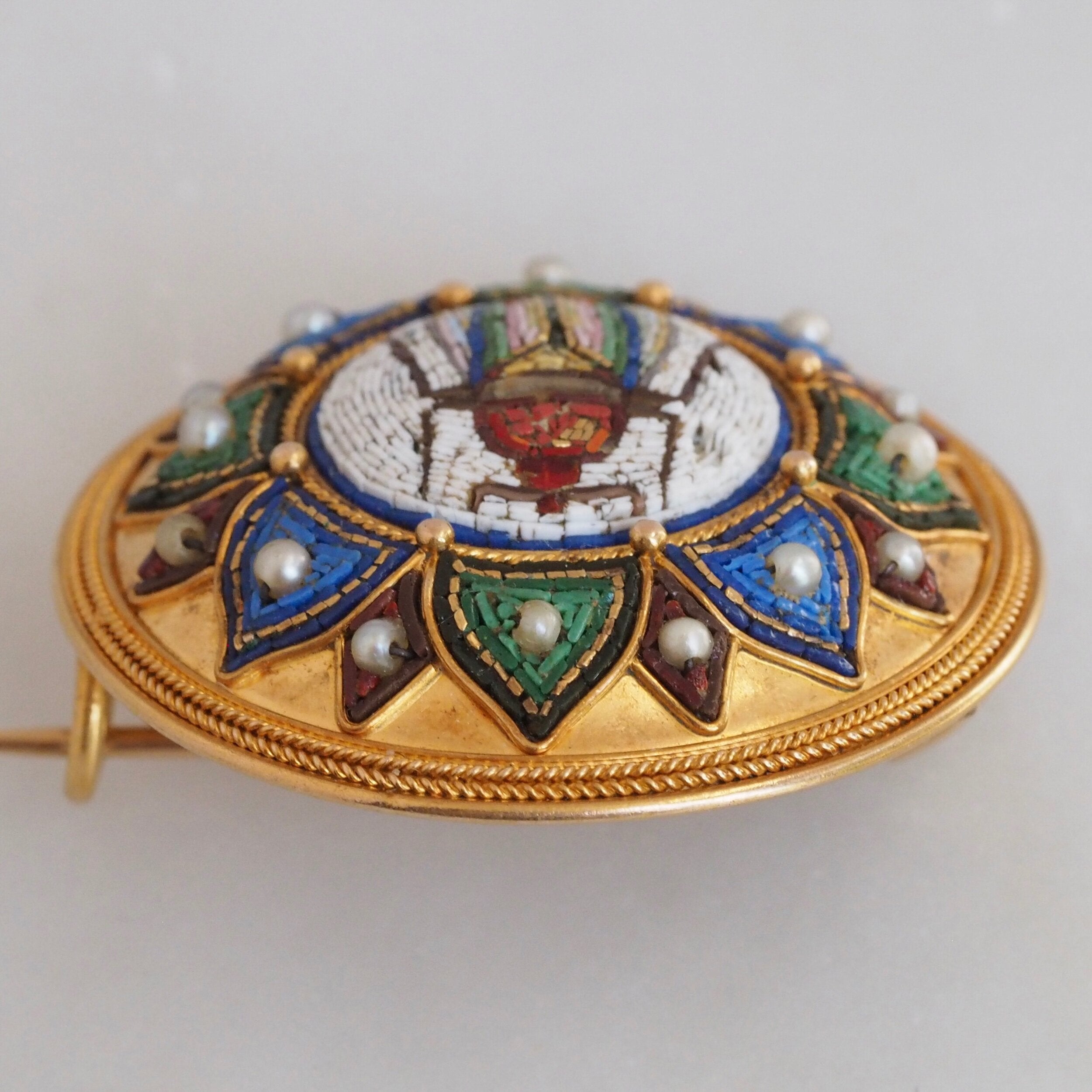 Egyptian Revival Victorian Micro Mosaic Scarab Brooch, Grand Tour 18k with Vatican Hallmark