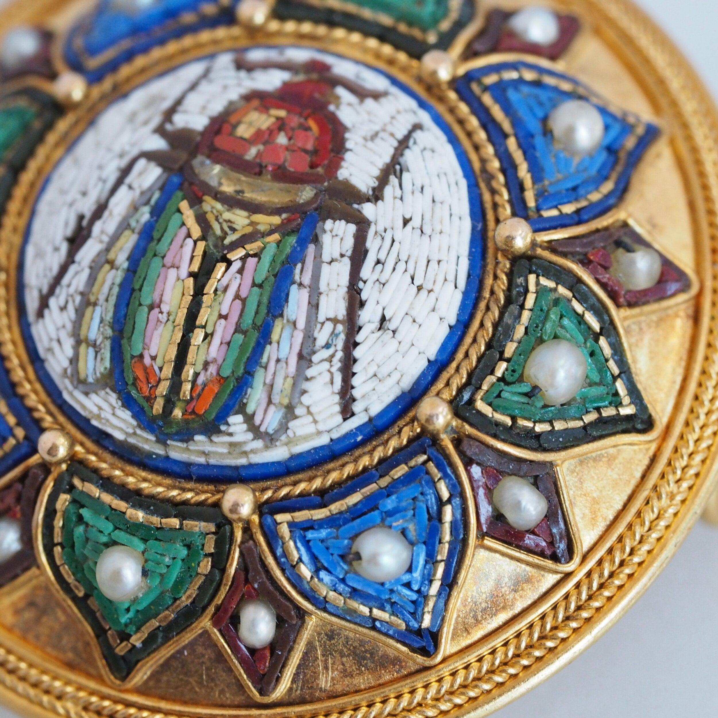 Egyptian Revival Victorian Micro Mosaic Scarab Brooch, Grand Tour 18k with Vatican Hallmark