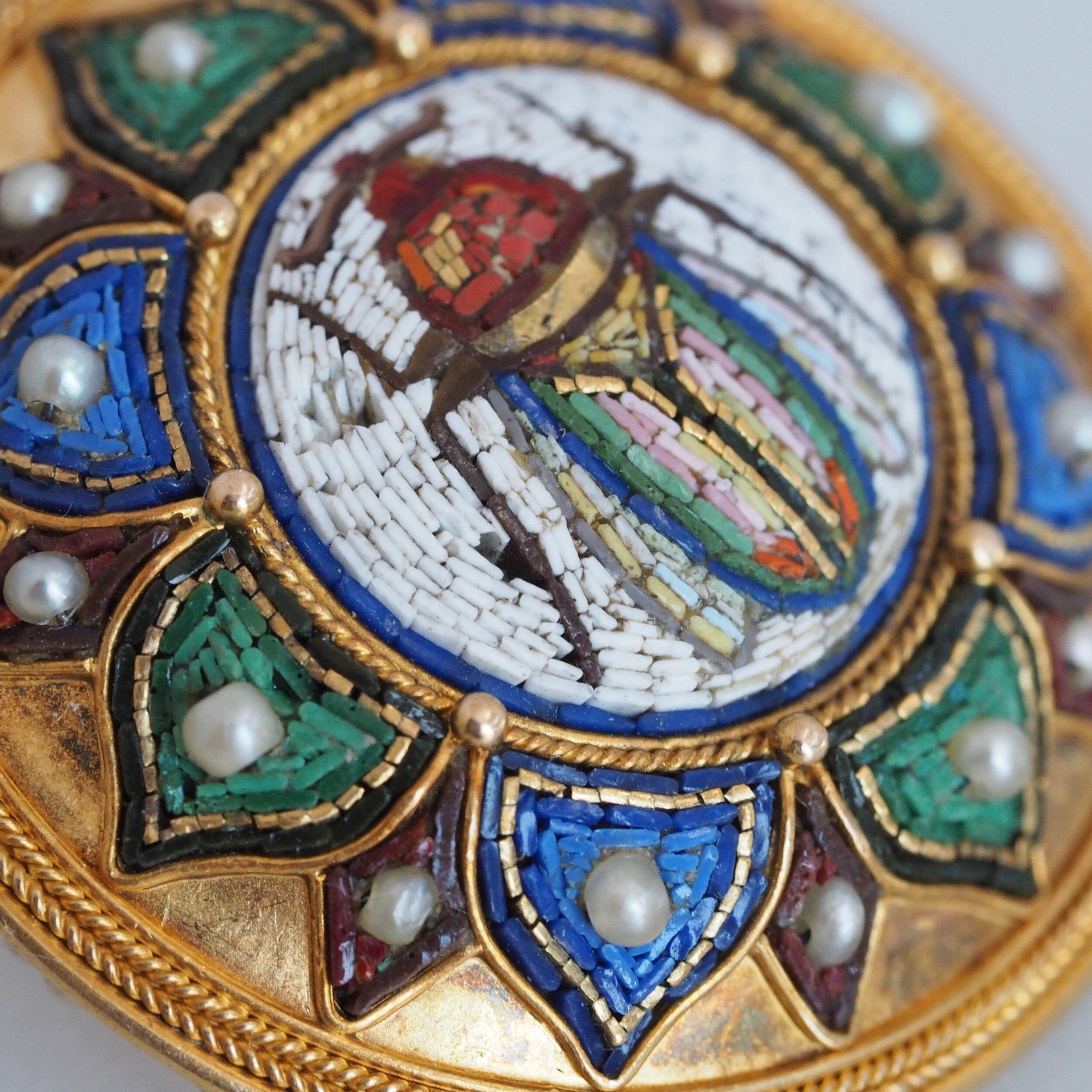 Egyptian Revival Victorian Micro Mosaic Scarab Brooch, Grand Tour 18k with Vatican Hallmark