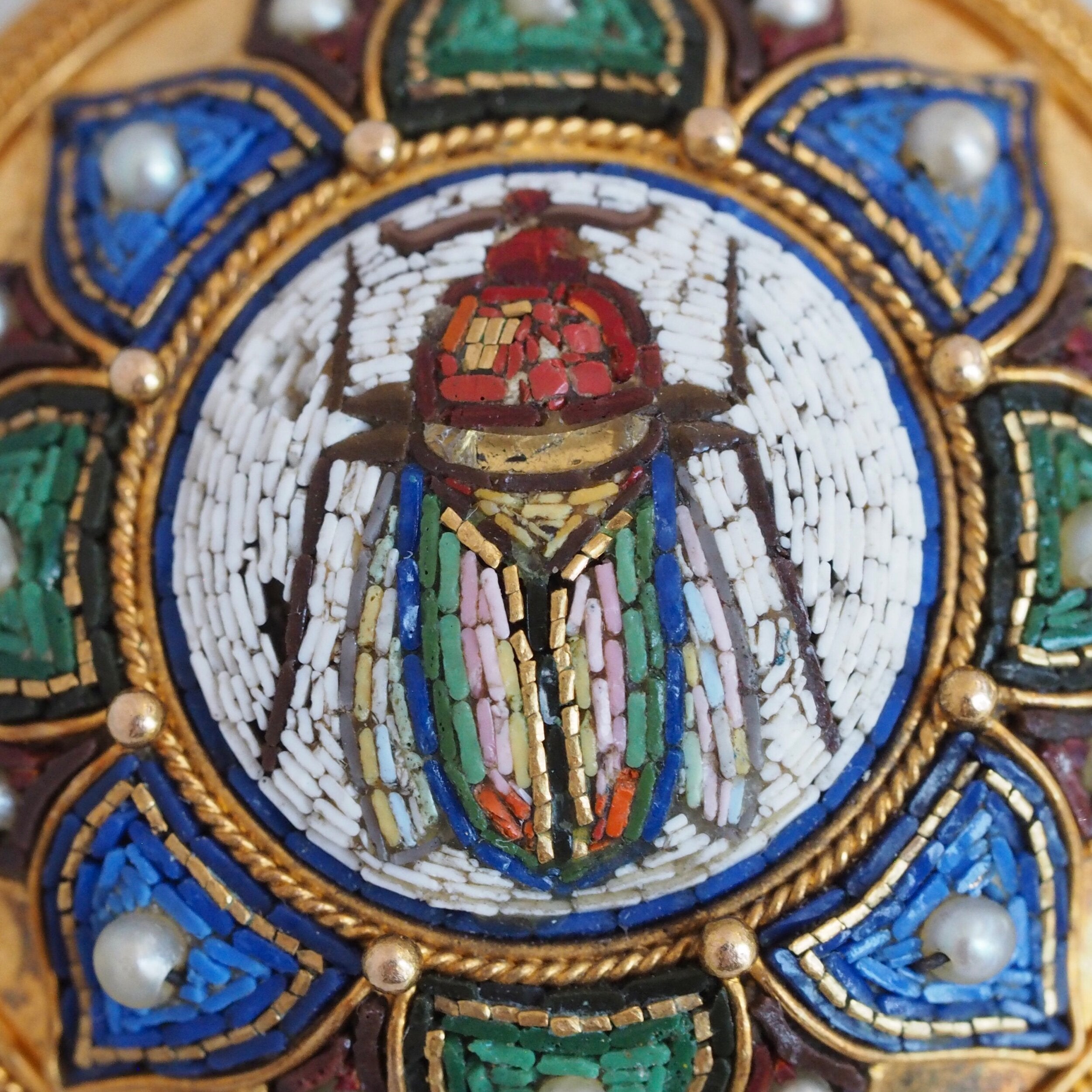 Egyptian Revival Victorian Micro Mosaic Scarab Brooch, Grand Tour 18k with Vatican Hallmark