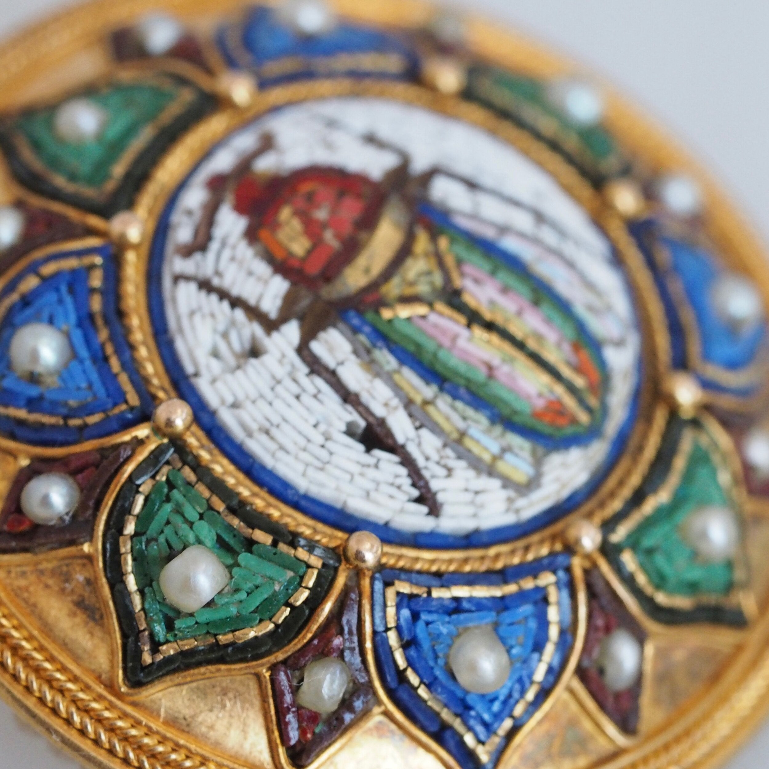 Egyptian Revival Victorian Micro Mosaic Scarab Brooch, Grand Tour 18k with Vatican Hallmark