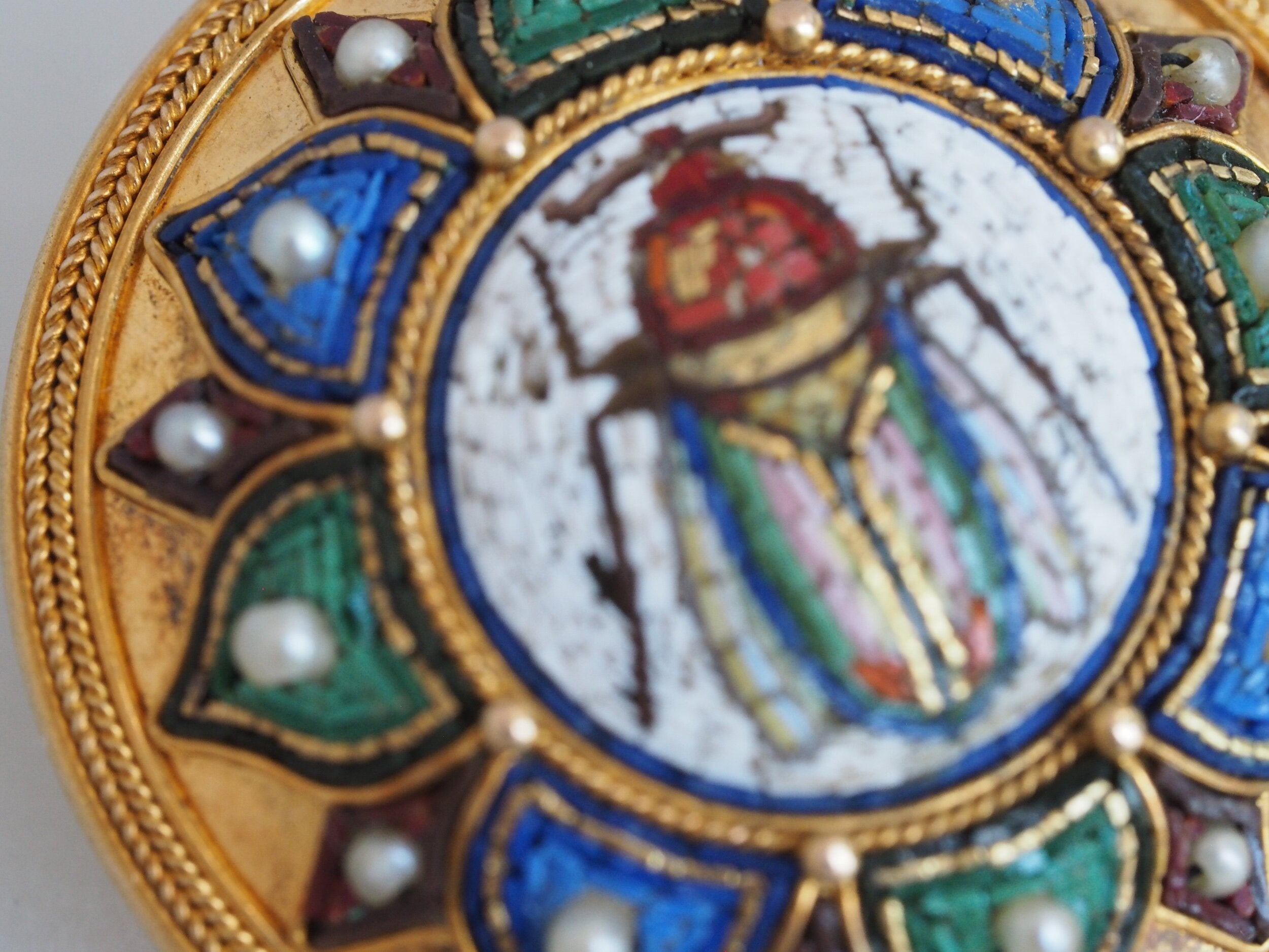 Egyptian Revival Victorian Micro Mosaic Scarab Brooch, Grand Tour 18k with Vatican Hallmark