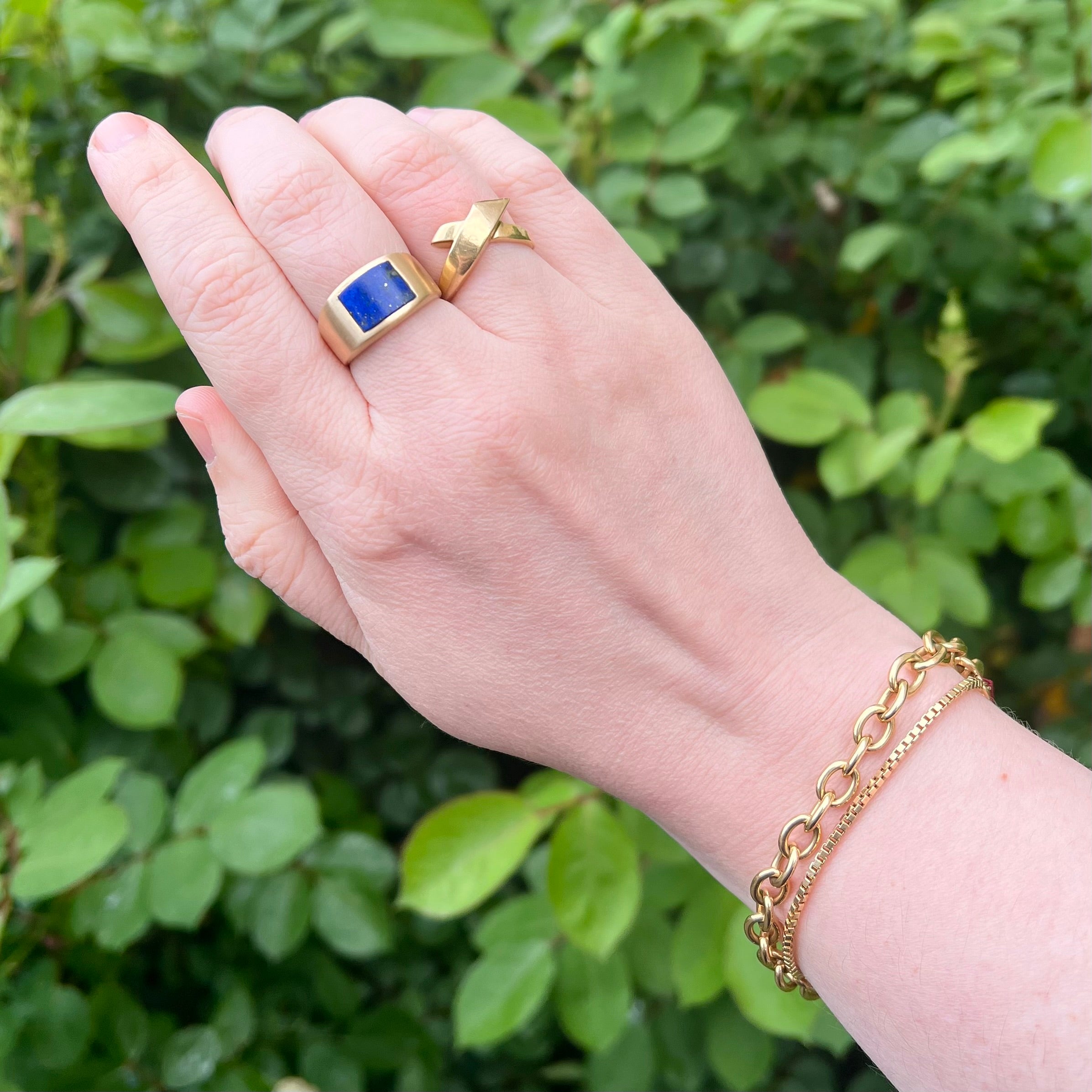Vintage Inlaid Lapis Brushed 14k Gold Ring