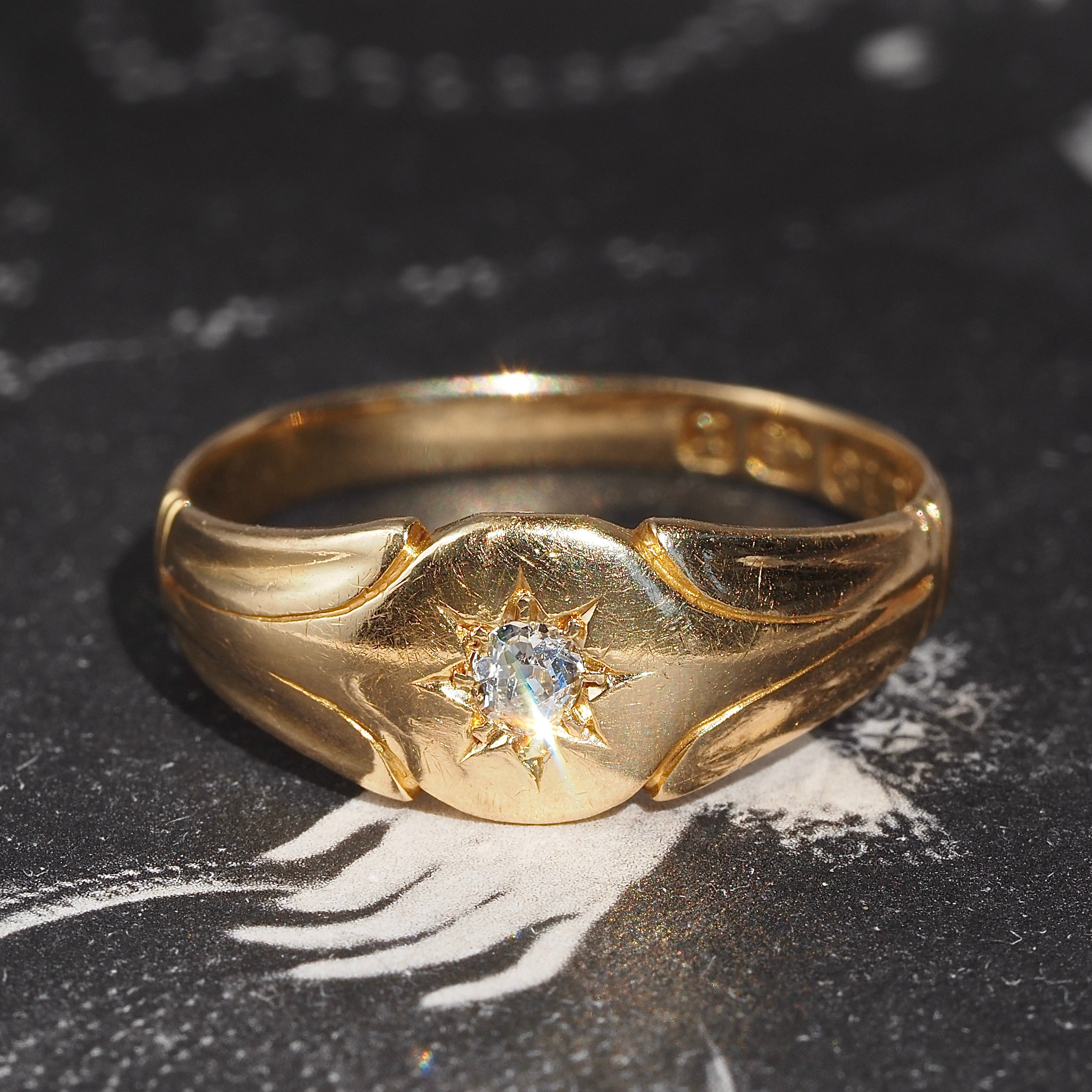 Antique c. 1897 English Old Mine Cut Diamond Starburst 18k Gold Signet Ring