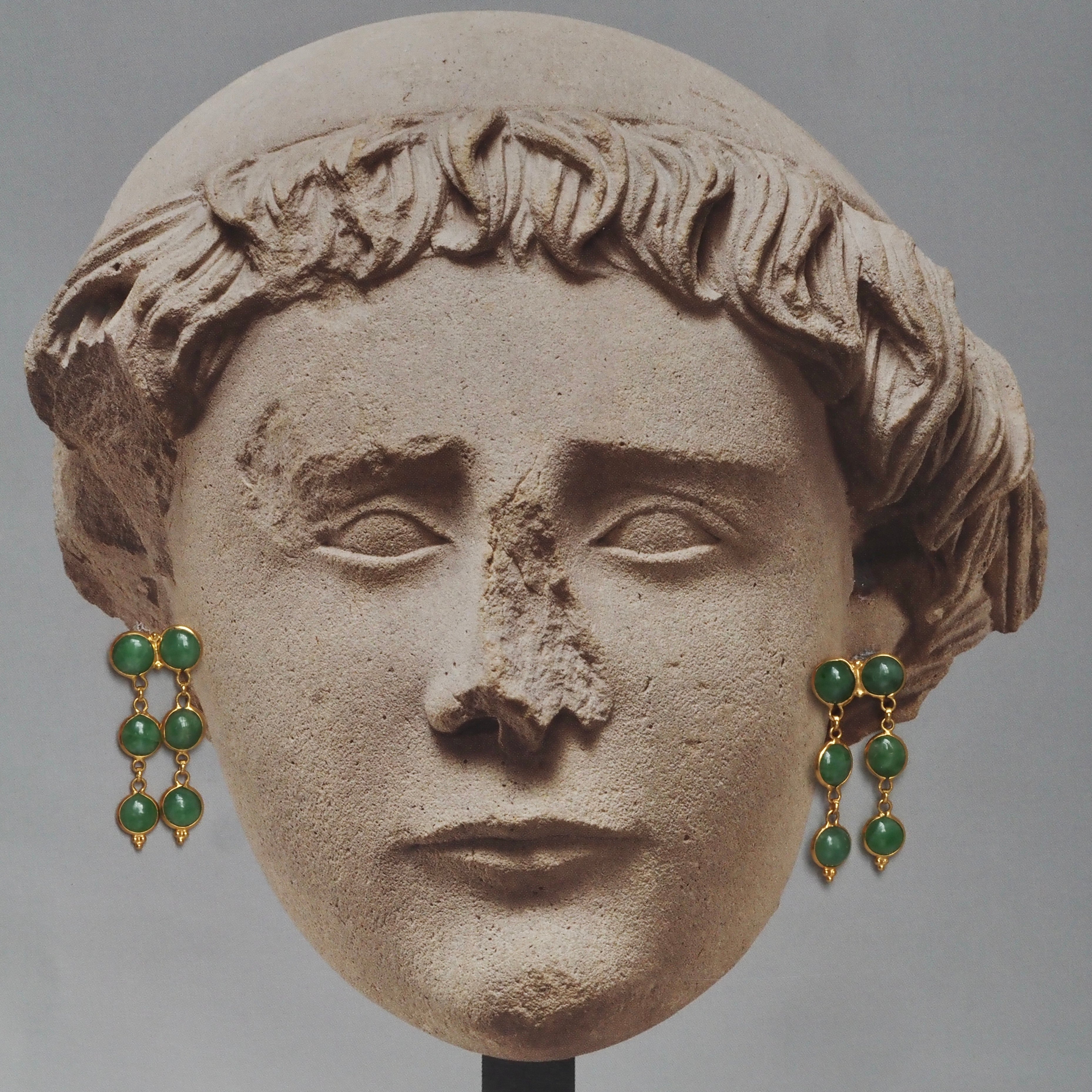 Vintage Ancient Style 22k Gold Jade Double Drop Earrings