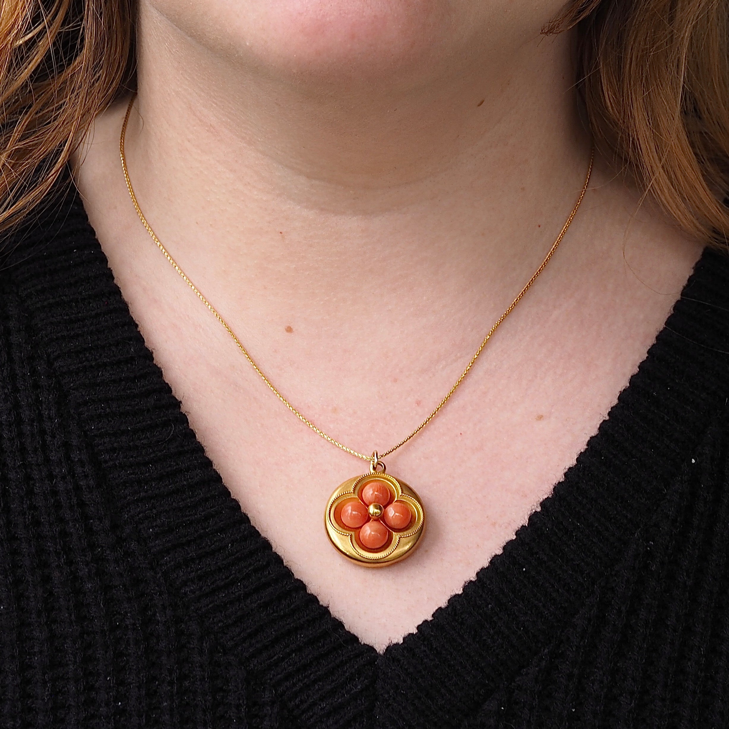 Antique Victorian Etruscan Revival 18k Gold Coral Flower Locket