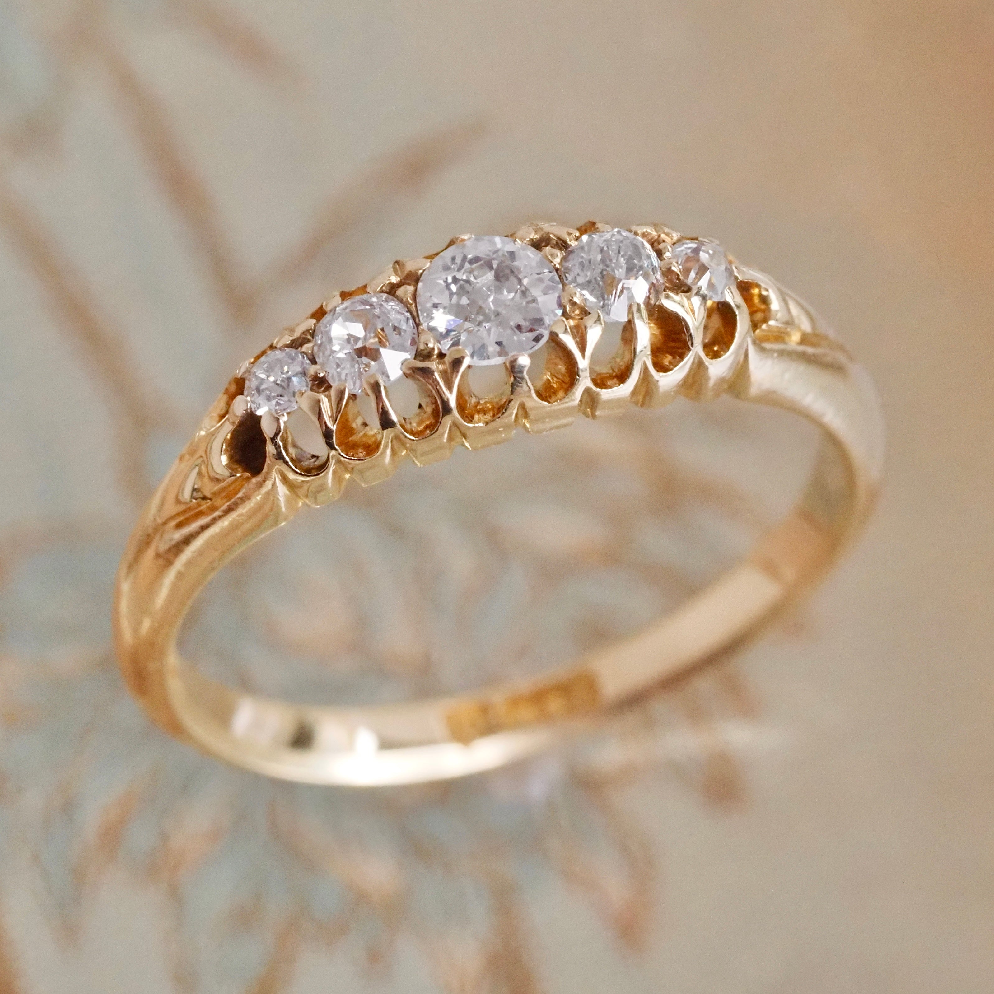 Antique Victorian 18k Gold Five Stone Old Mine Cut Diamond Ring