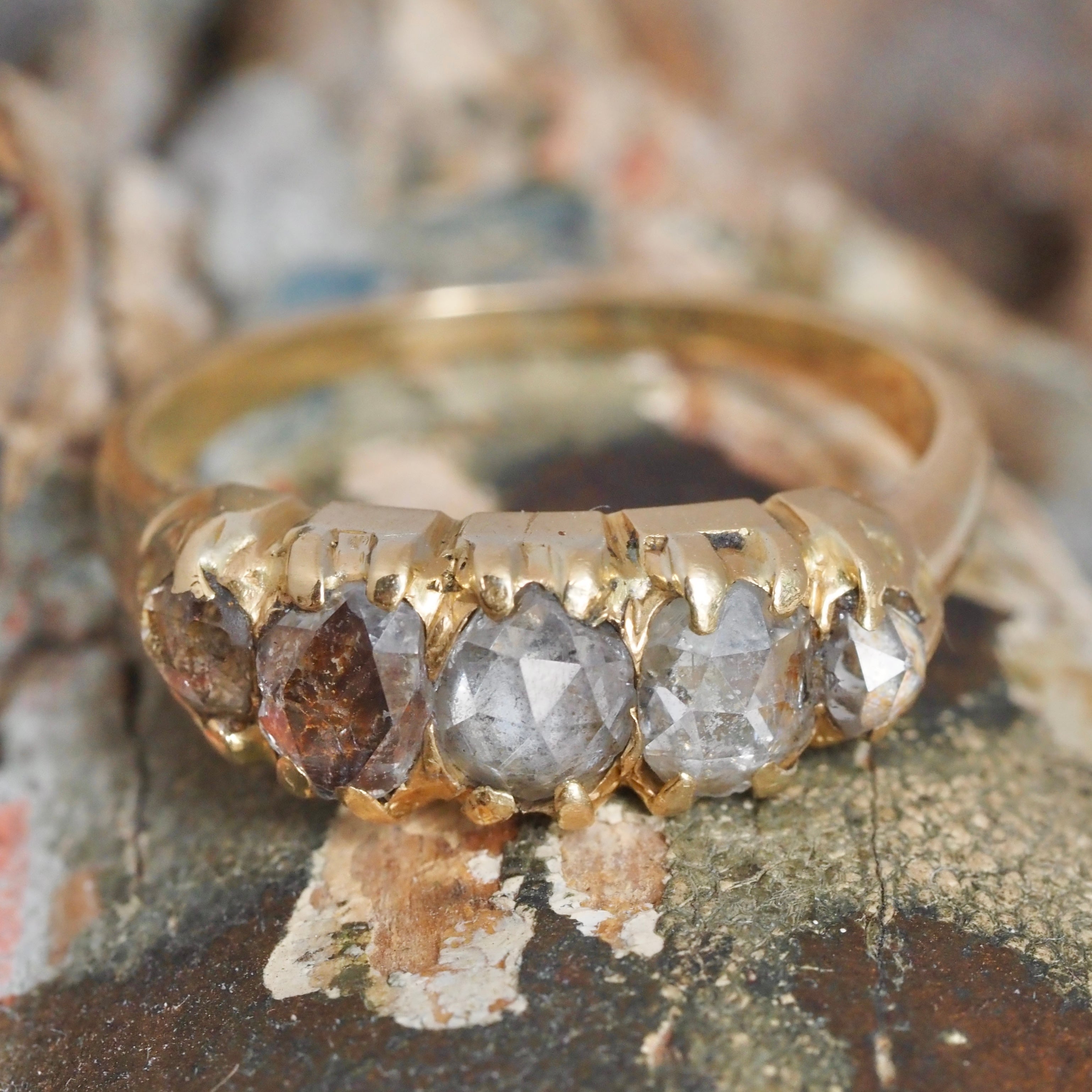Antique Victorian 18k Gold Foil Backed Rose Cut Diamond Five Stone Ring