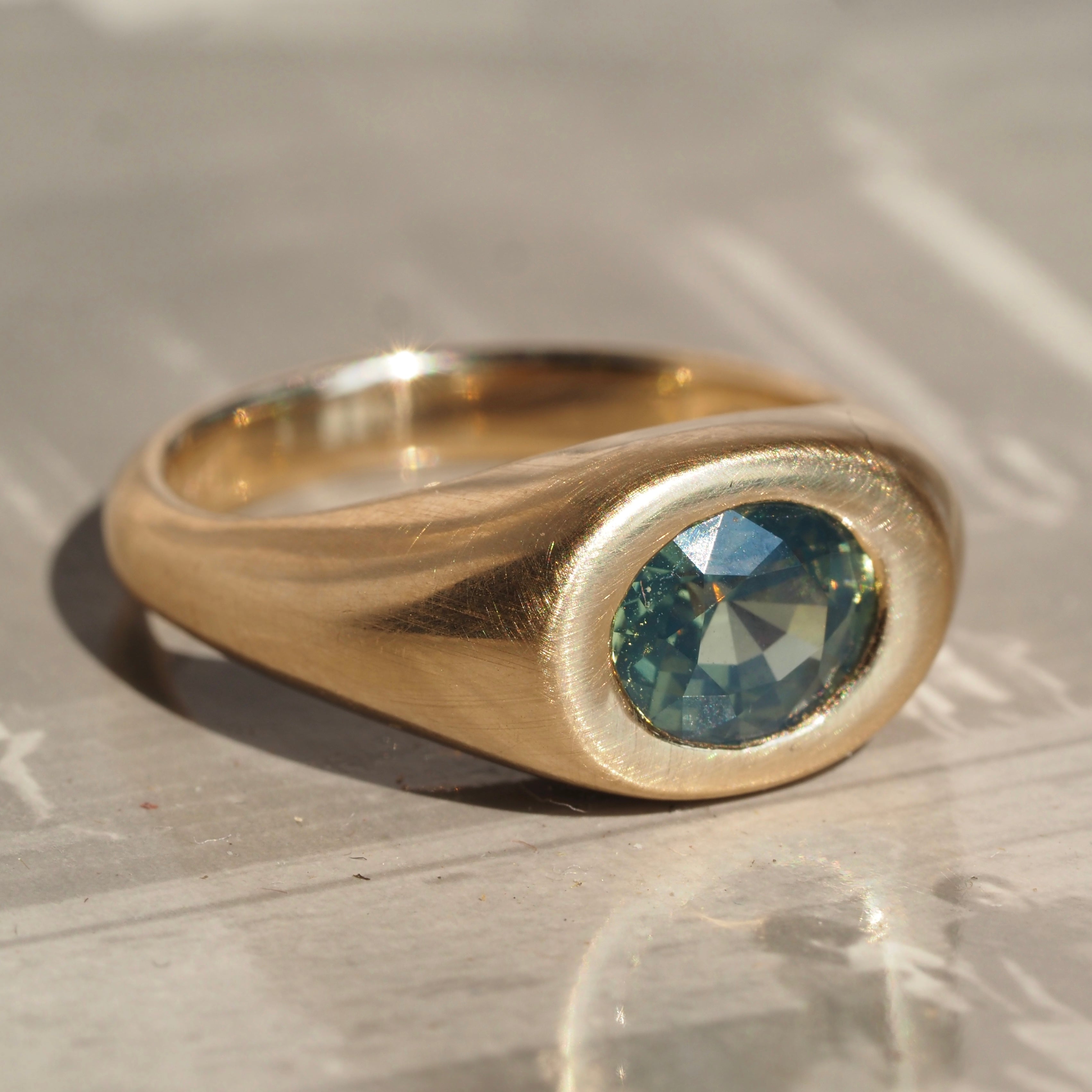 Faceted Natural Green Sapphire Signet 14k Gold Ring