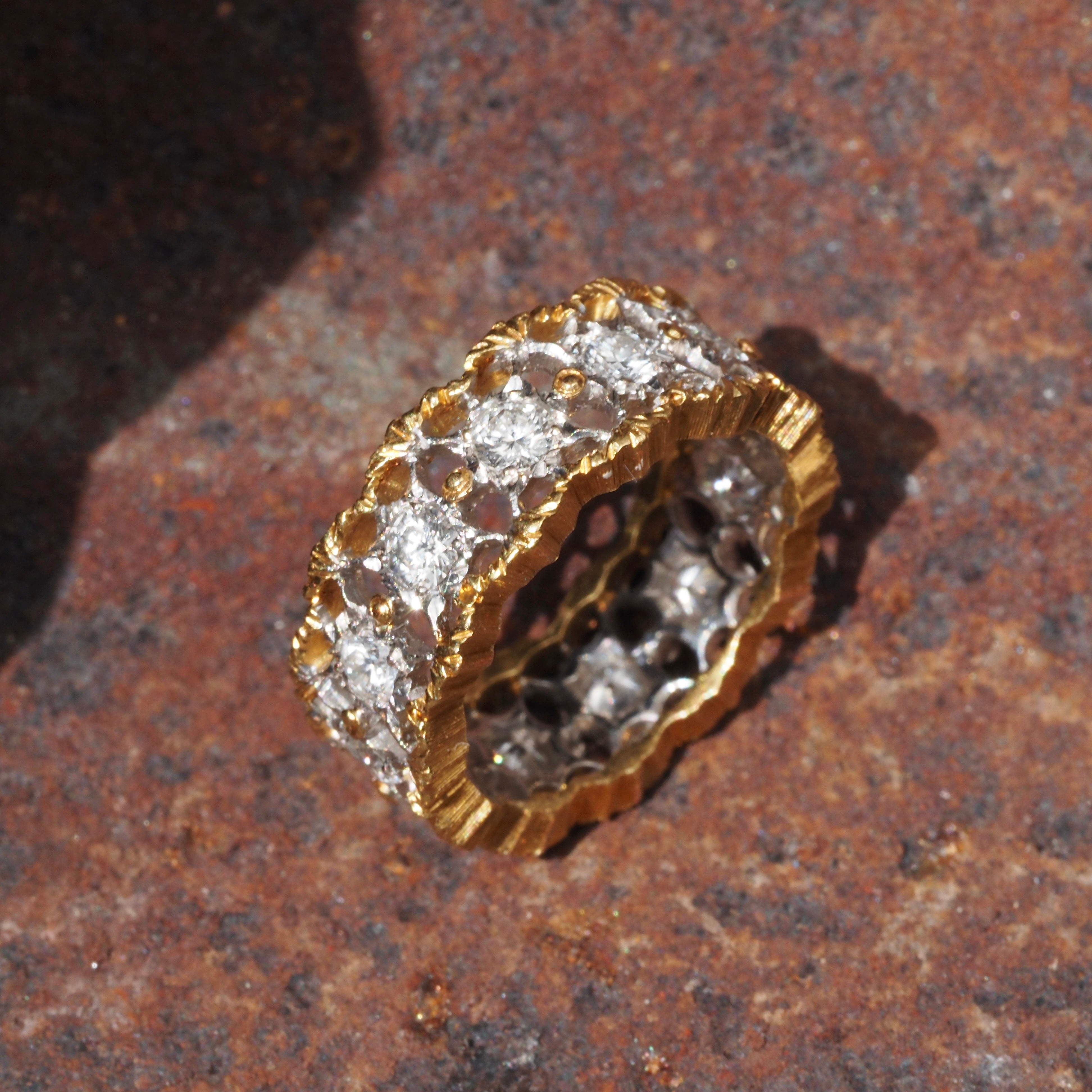 Vintage Italian 18k White and Yellow Gold Diamond Rigato Lace Eternity Ring