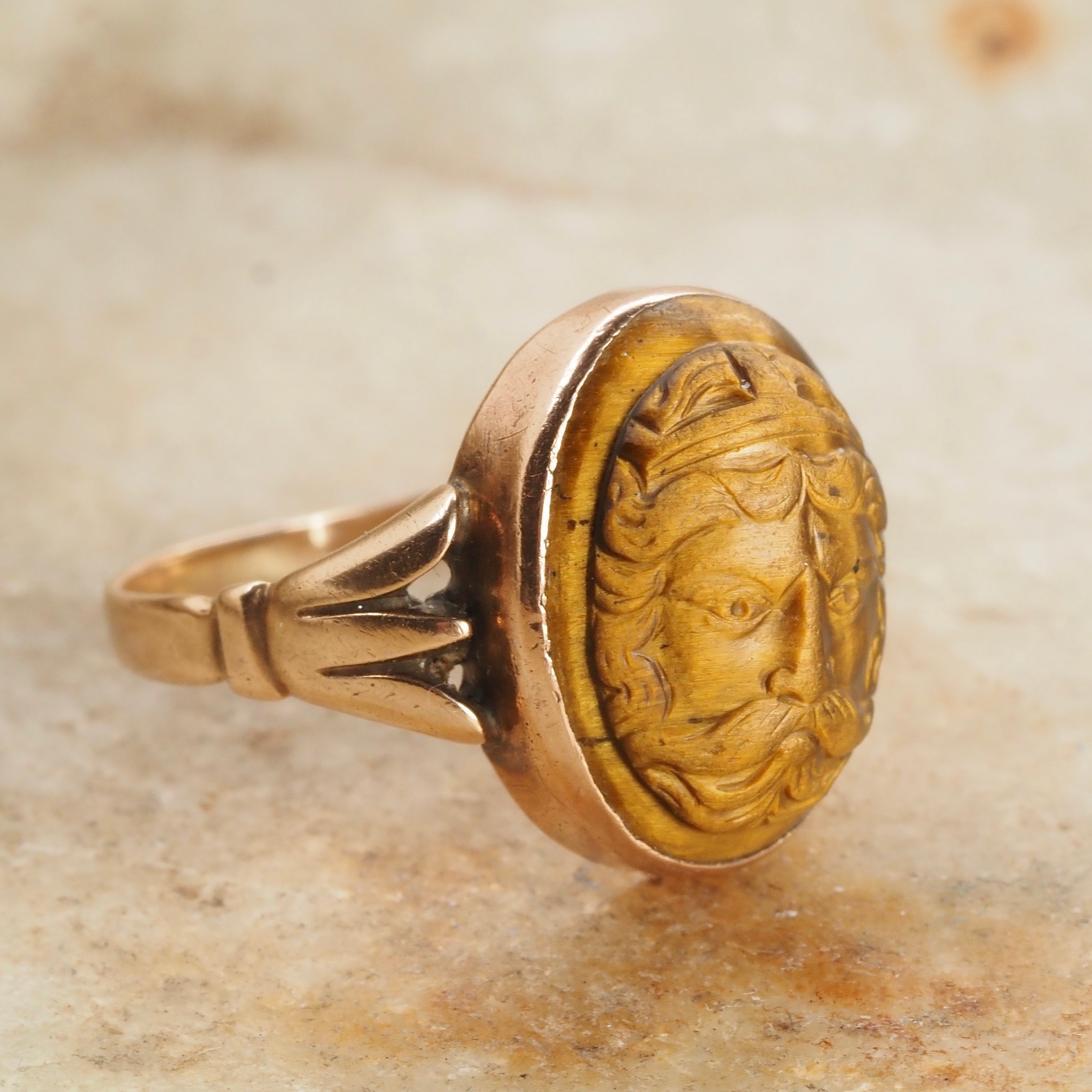 Antique Victorian Carved Zeus Tiger's Eye 10k Gold Ring