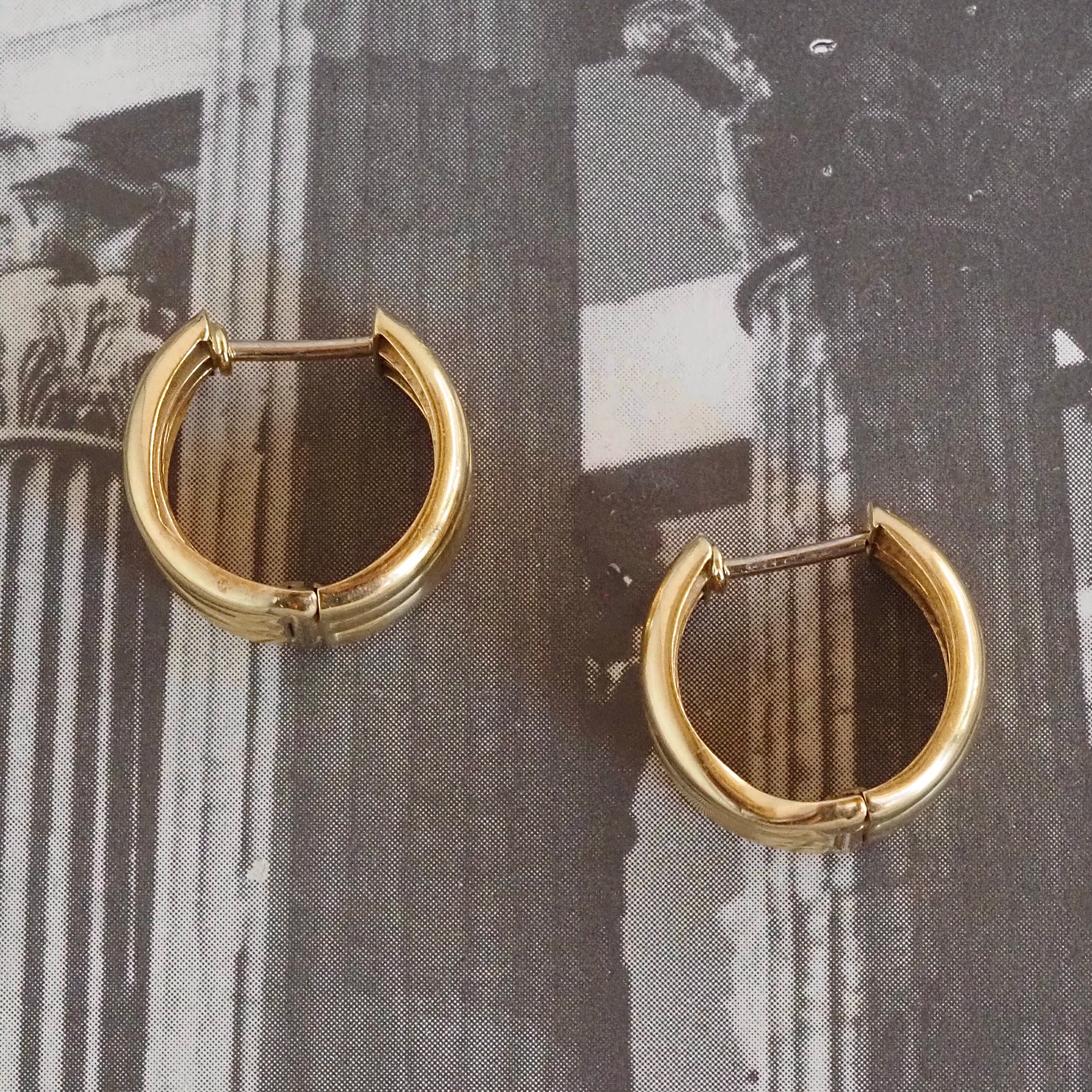 Vintage Triple Ridge Hinged Huggie 14k Gold Hoops