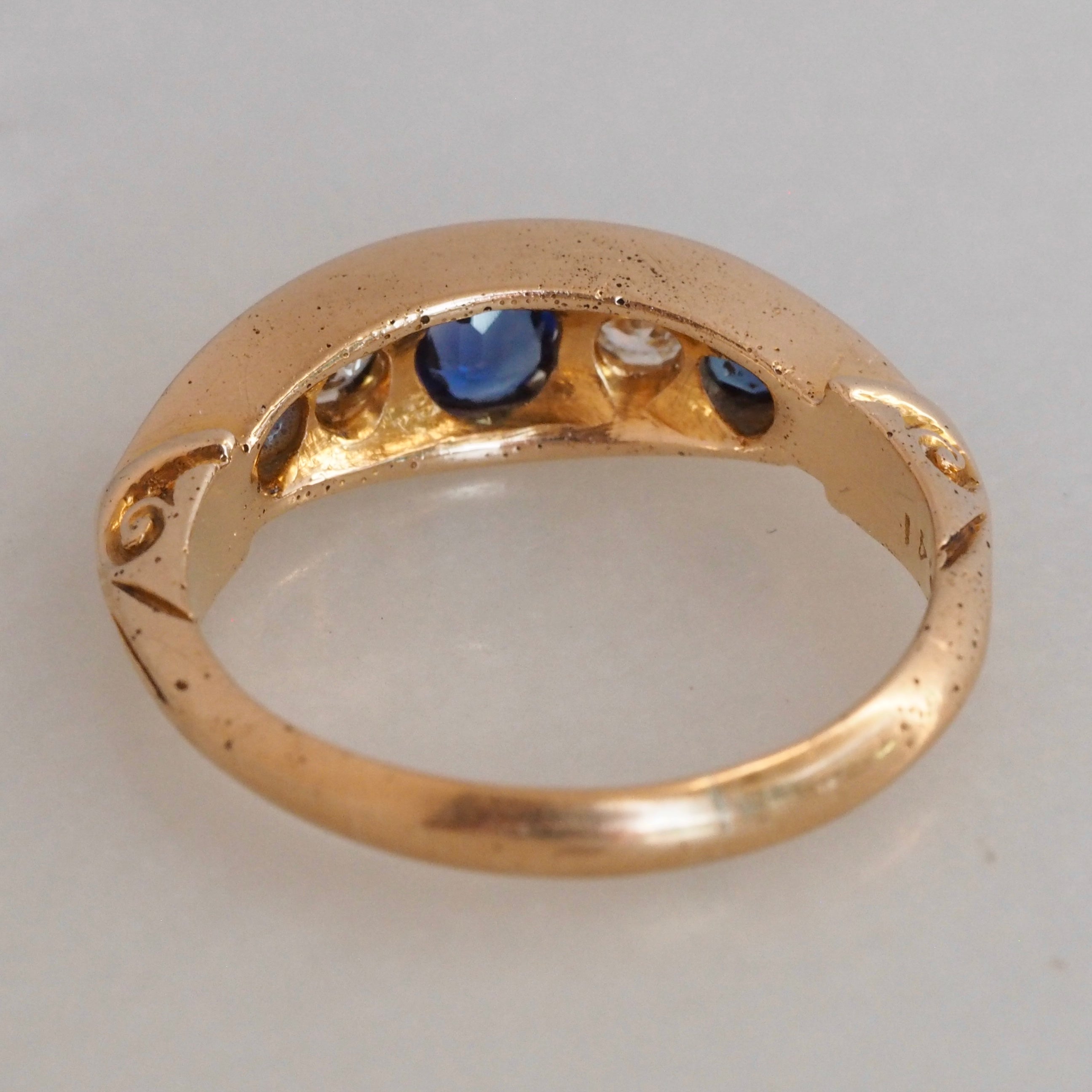 Antique Edwardian 18k Gold Sapphire and Old Mine Cut Diamond Five Stone Boat Ring