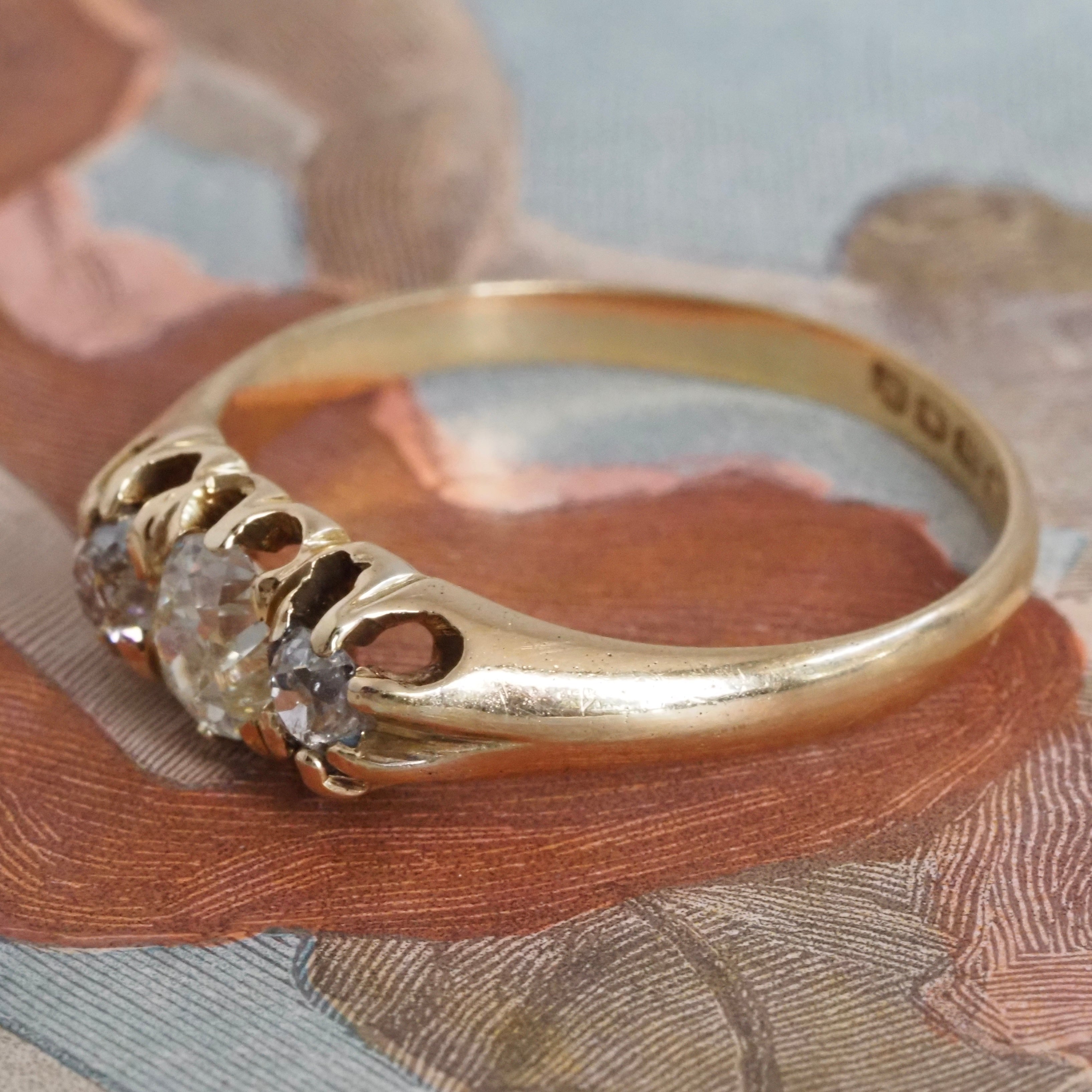 Antique English c.1905 Old Mine Cut Diamond Trilogy 18k Gold Ring